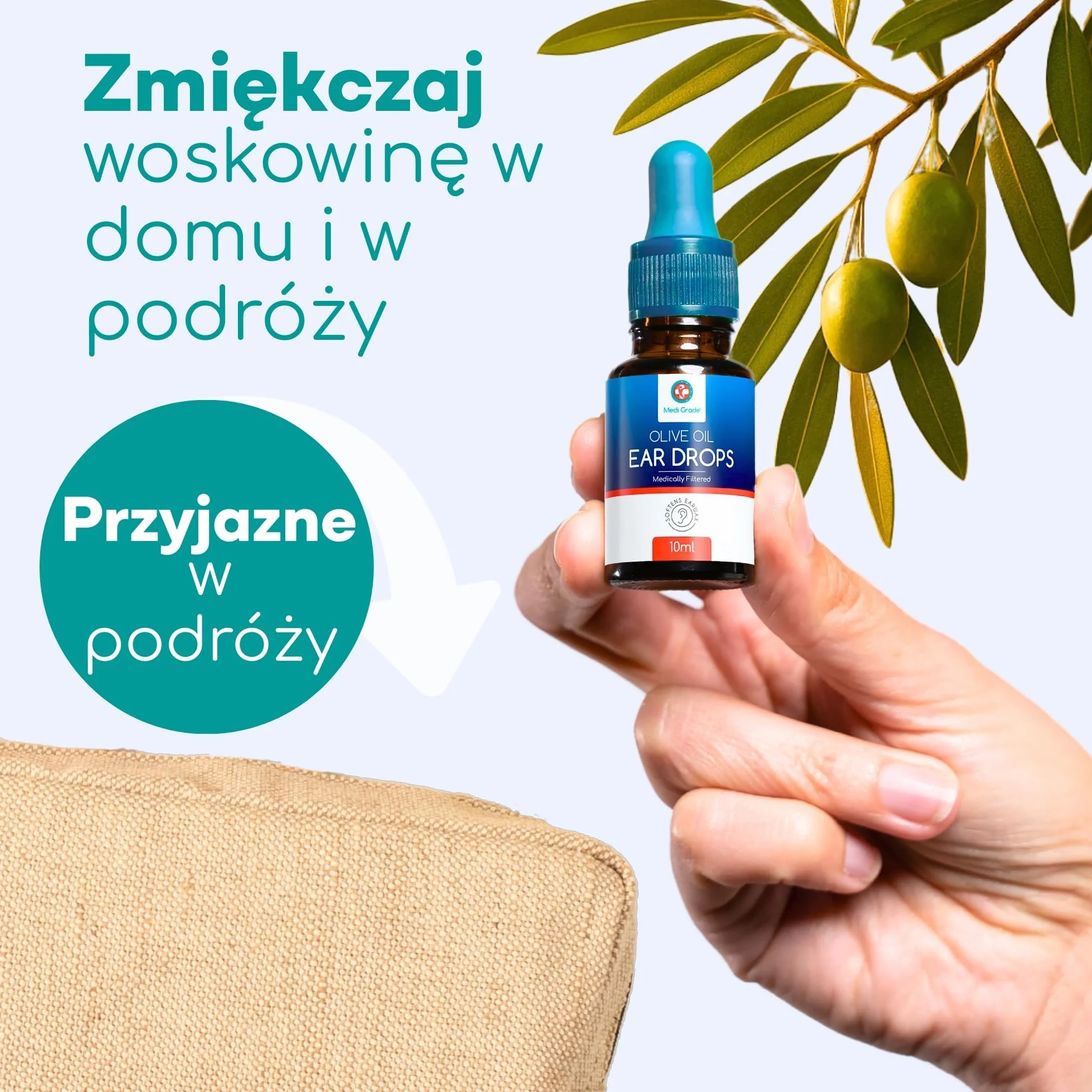 Krople do Uszu do Usuwania Woskowiny 100% Czysta Oliwa z Oliwek 10 ml