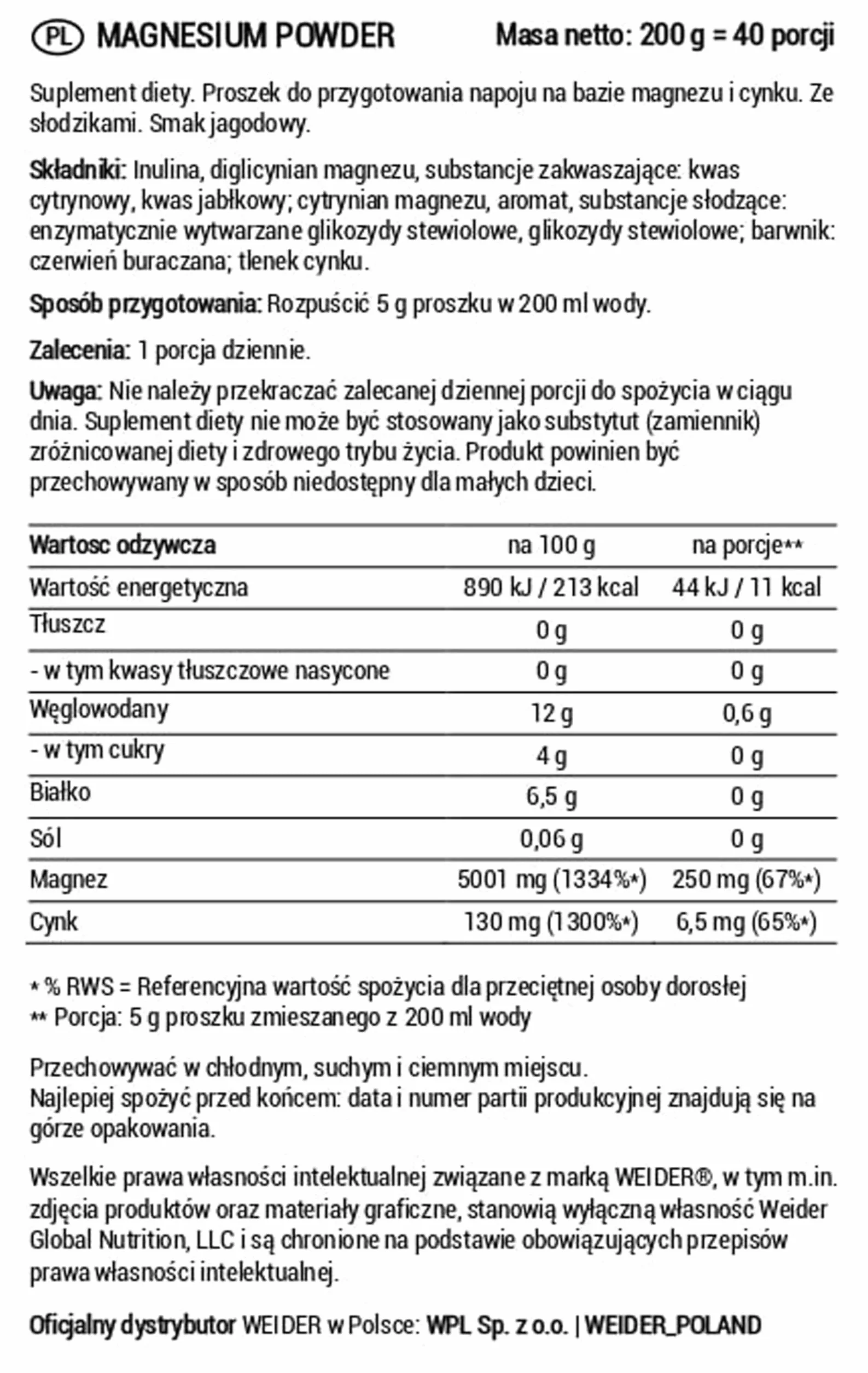 Weider Magnesium Powder (200 g), Smak Czerwone Owoce, 250 mg na Porcję, Magnez w Proszku (Bisglicynian i Cytrynian) z Cynkiem, Wspiera Mięśnie i Kości, Redukuje Zmęczenie, Bez Dodatku Cukru, Wegański