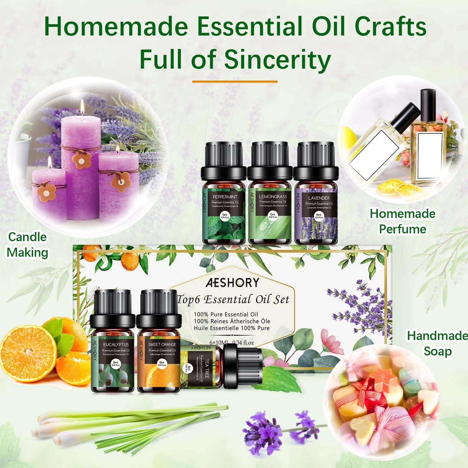 AESHORY Olejki Eteryczne Do Dyfuzorów 6 x 10ML, 100% Naturalny Zestaw Olejków Zapachowych Do Aromaterapii Do Mydła, Świec, Spa - Lawenda, Mięta, Drzewo Herbaciane, Słodka Pomarańcza, Eukaliptus