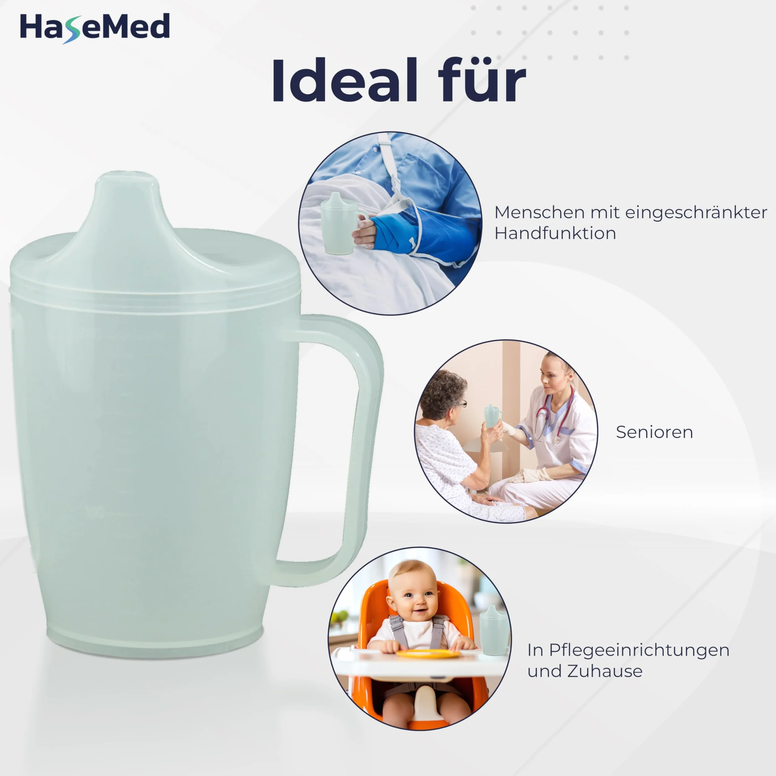 HaseMed kubek do picia z uchwytem i tulejką 12 mm ergonomiczny bezpieczny dla seniorów