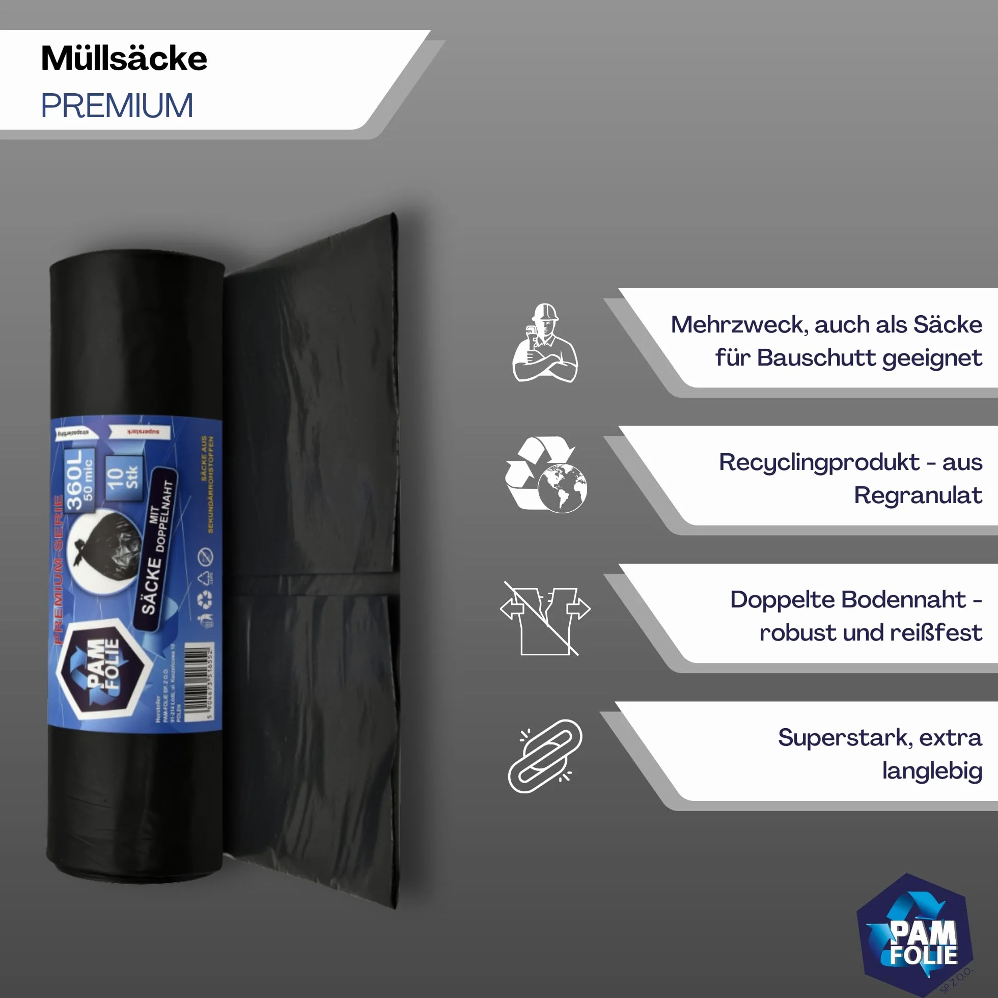 Worki na Śmieci 360L - 10 Sztuk - XXL, Duże, Bardzo Mocne, Grube - Premium 120x150cm - 50µm - Czarne - Na Gruz, Odpady Styropianowe