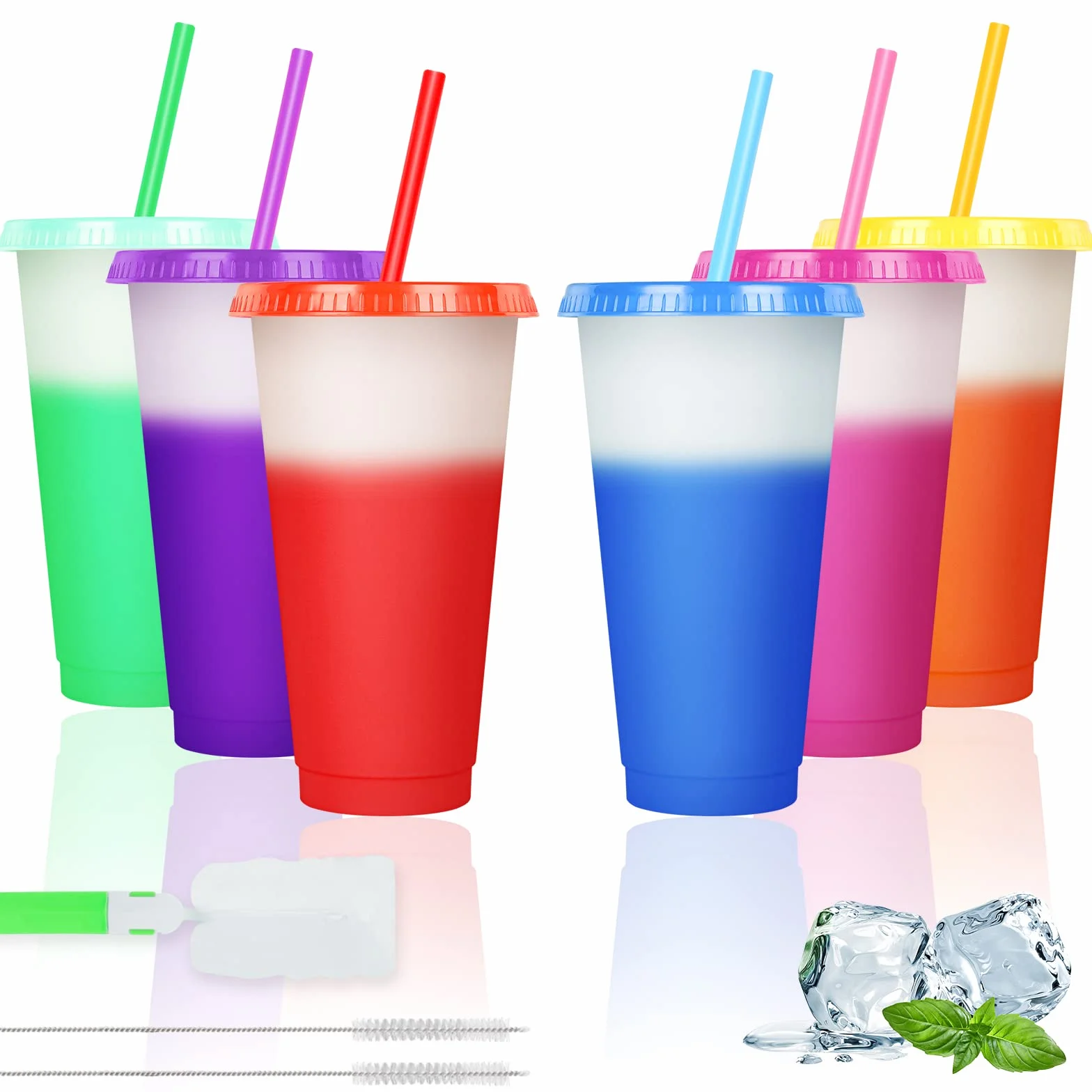 Zestaw 6 sztuk kubków zmieniających kolor 710 ml BPA free plastik podróżny z pokrywką i słomką