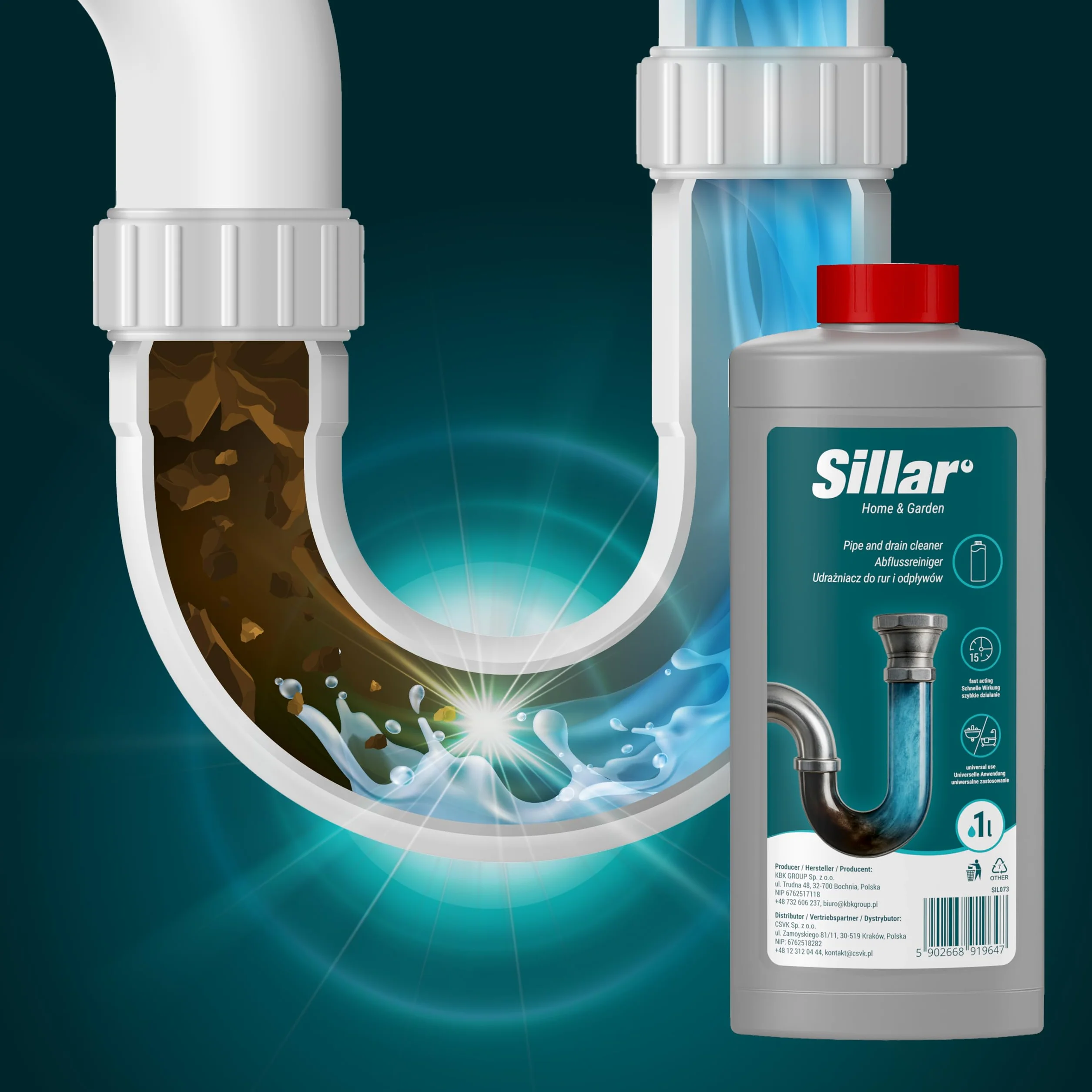 Sillar Żel do udrażniania rur 2x 1000ml EXTRA MOCNY, rozpuszcza włosy, tłuszcz i resztki – do kuchni, prysznica i WC, efekt piany