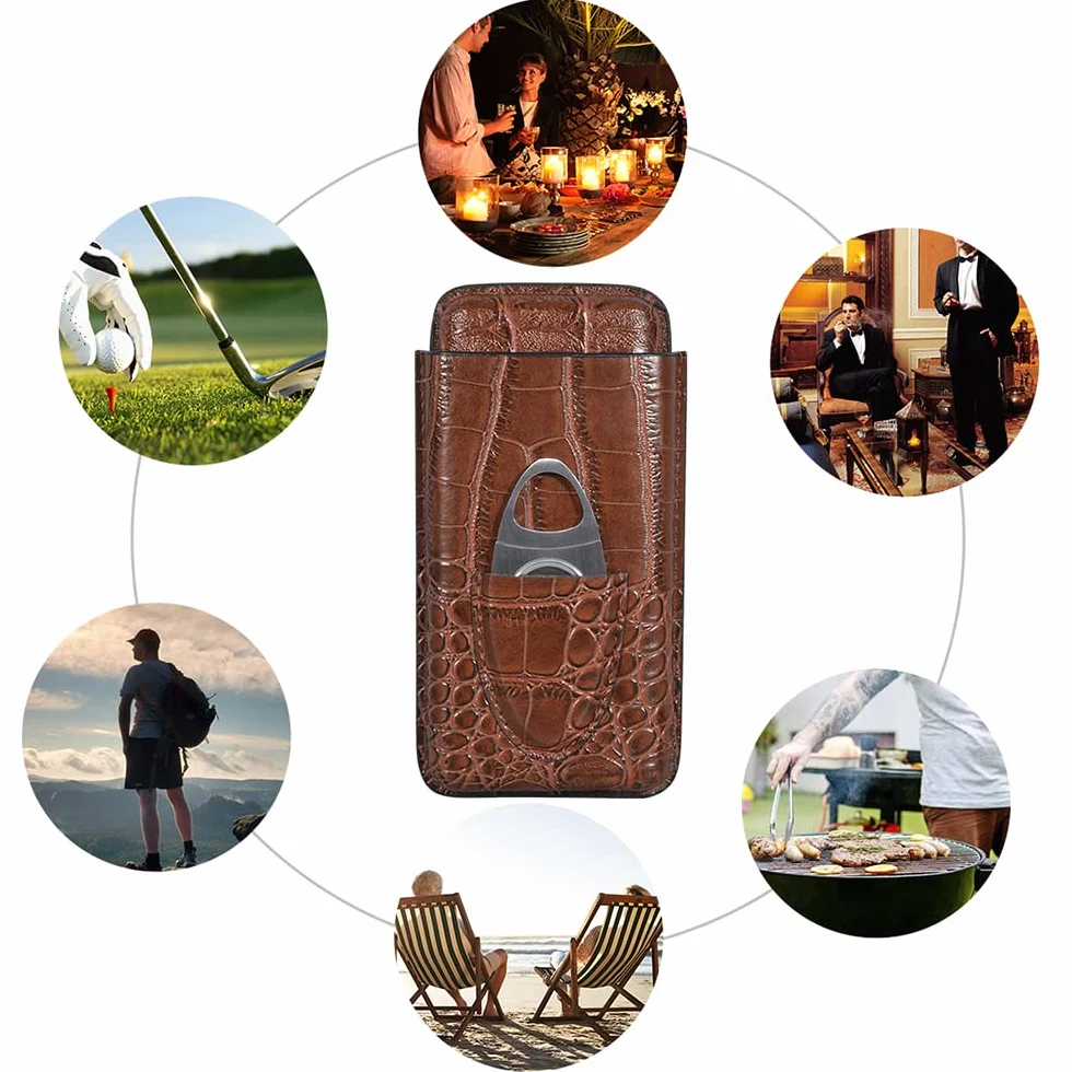 Etui na cygara ze skóry krokodyli, przenośny humidor z krajalnicą, 3 tubki, brązowy