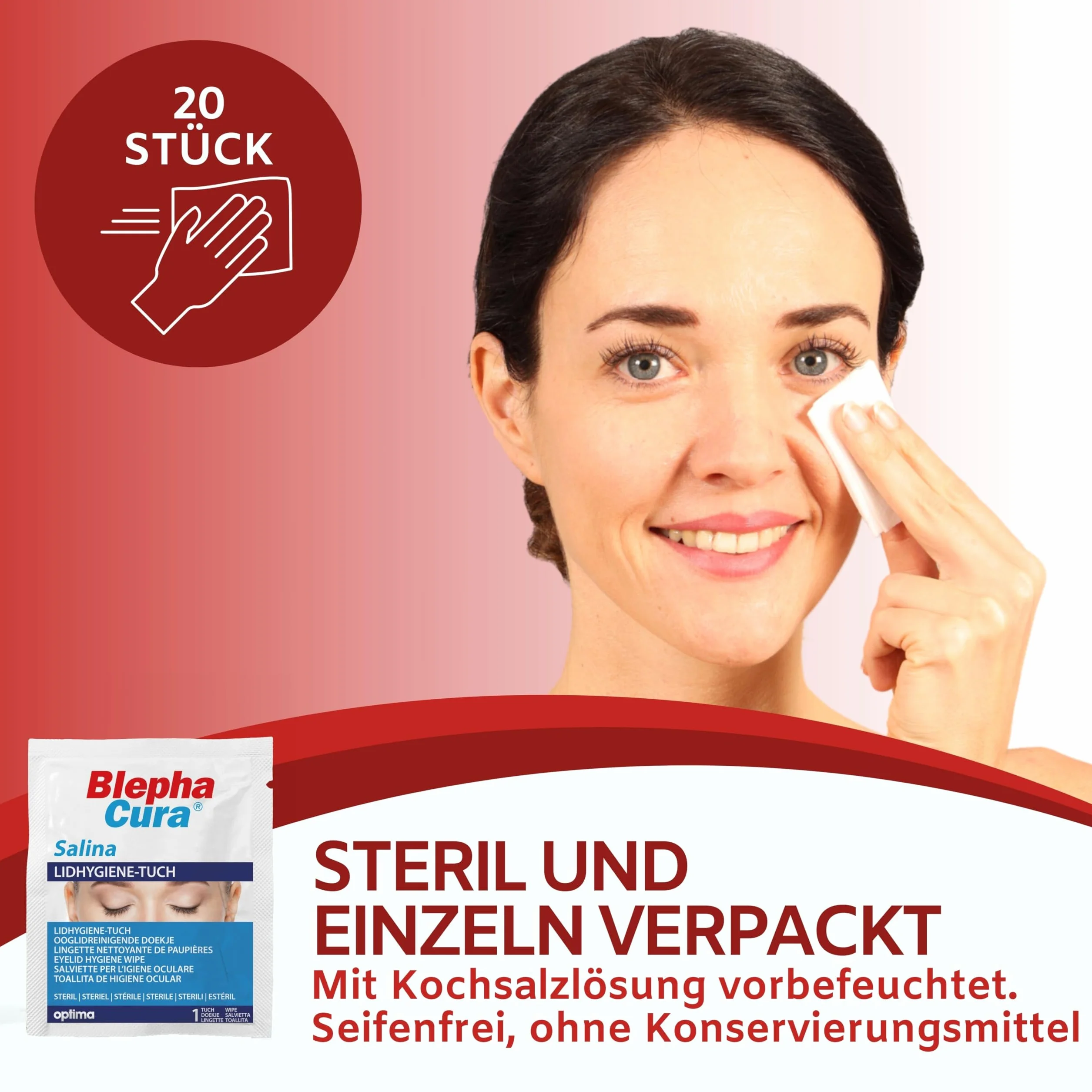 BlephaCura SALINA Lidhygiene-Tücher, sterile vorbefeuchtete Einmaltücher zur Reinigung der Augenlider, 20 Sztuka Ściereczki