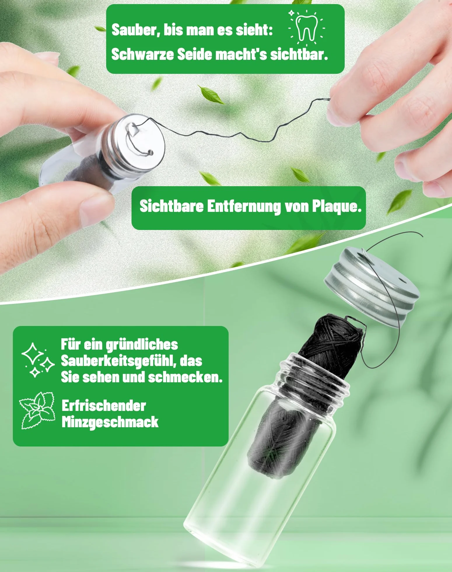 60 m ekologiczna nić dentystyczna, bez plastiku, w szkle, 2 szpule, bio floss, woskowana, z Candelilla, bambusem i węglem aktywnym, bez PFAS, miętowa, ekologiczna, wegańska, 2 x 30 m od LAOYE