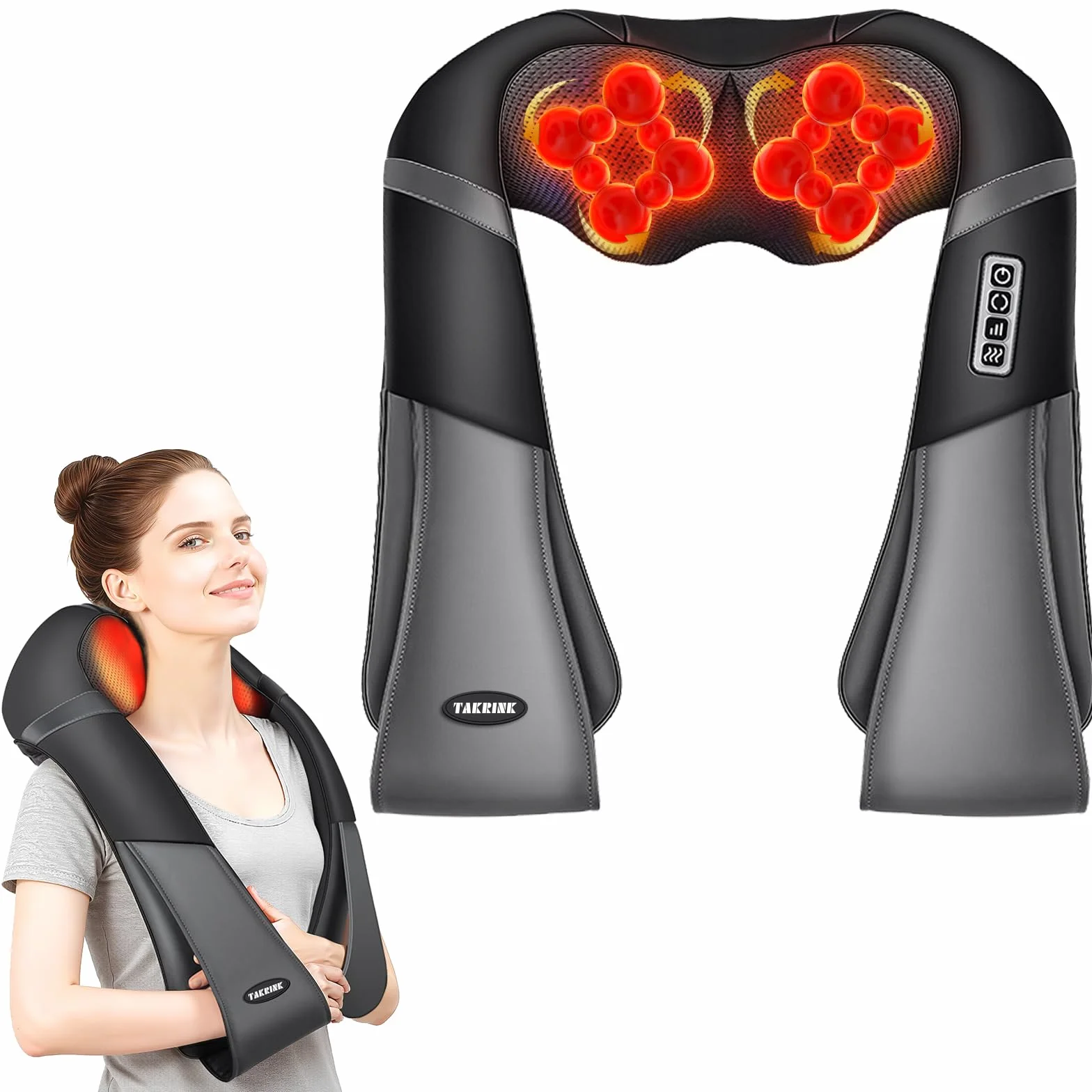 TAKRINK Masażer szyi na ramię, masażer szyjny Shiatsu z 16 wałkami do masażu 3D, regulowany kierunek i prędkość, materiały skórzane..