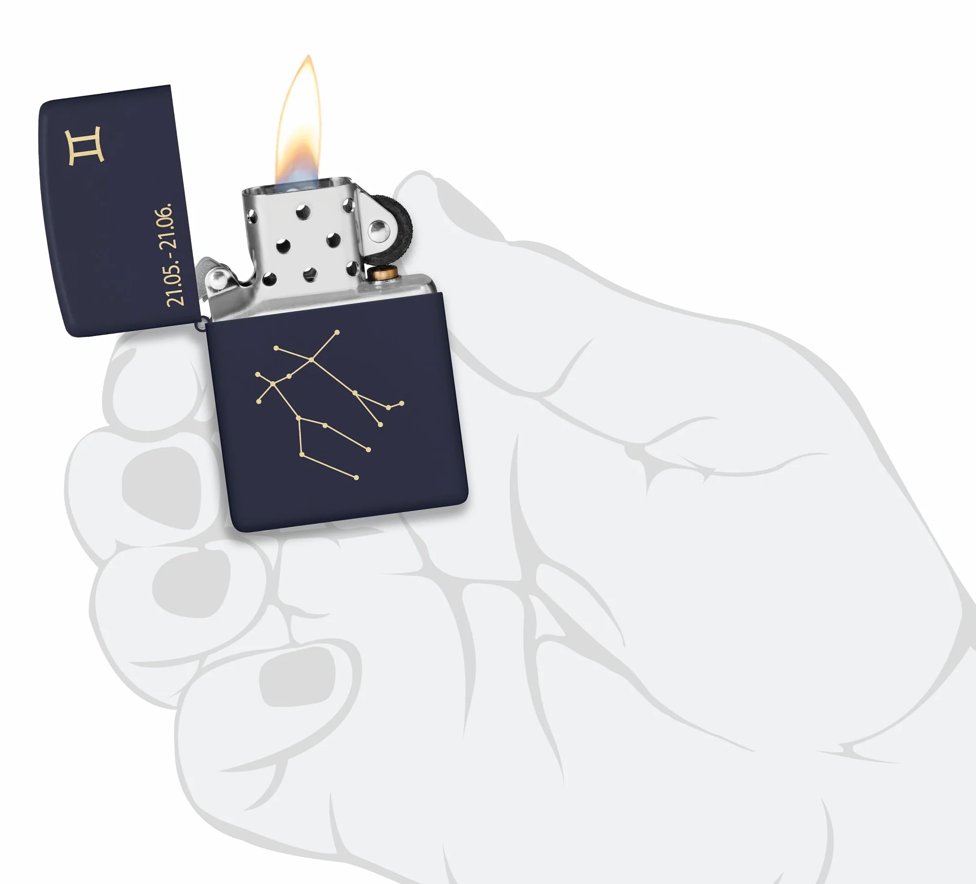 Zippo Zodiac Bliźnięta Zapalniczka Sztormowa, Grawerowanie Laserowe, Wielokrotnego Użytku, do Napełniania, Wiatroodporna Konstrukcja, Pudełko na Prezent, Wykonano w USA, Kolor Granatowy Matowy