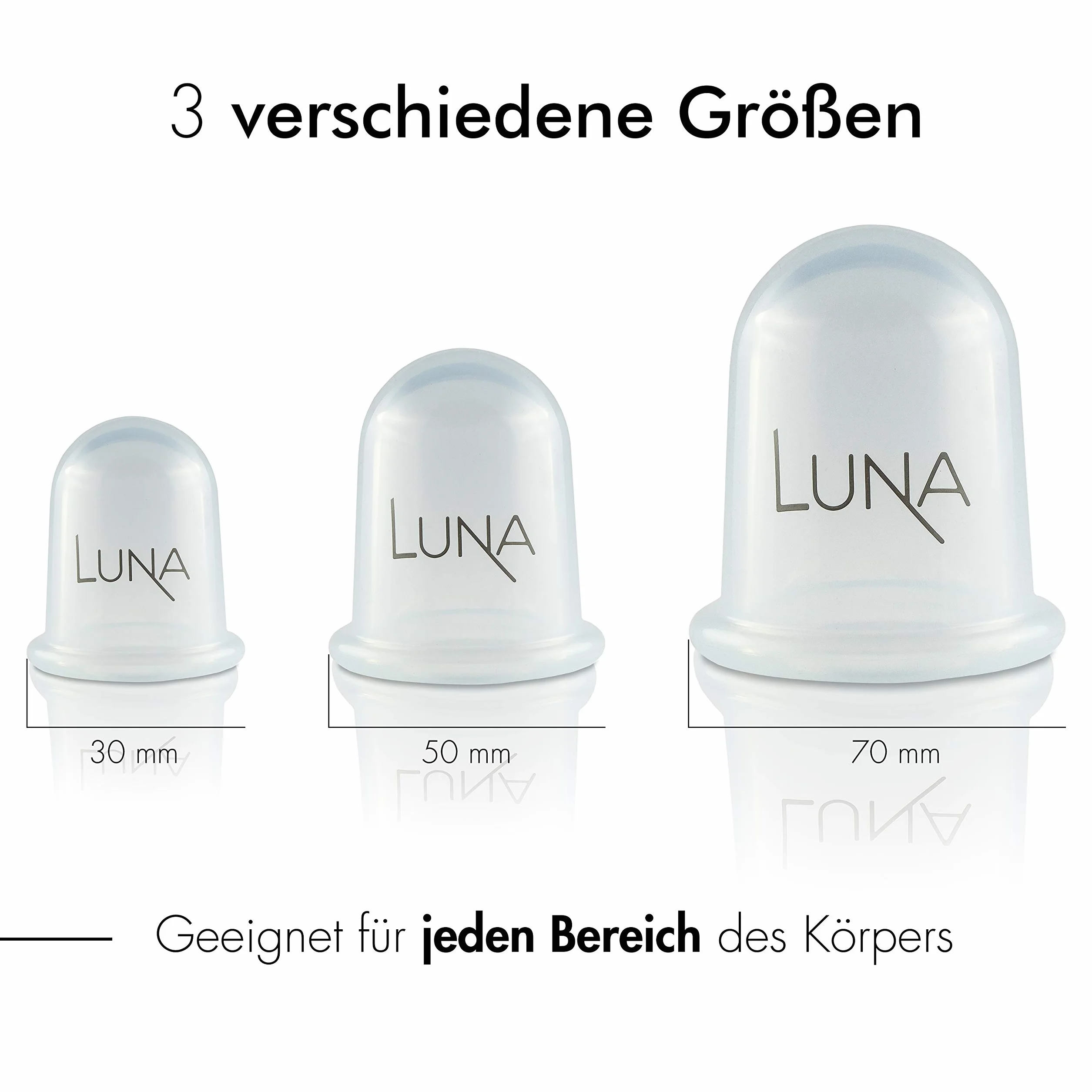 LUNA - zestaw 5 bańek premium w różnych rozmiarach, wysokiej jakości przyssawki z silikonu, łącznie z podręcznikiem aplikacji online - koniec z napięciami - bańki antycellulitowe