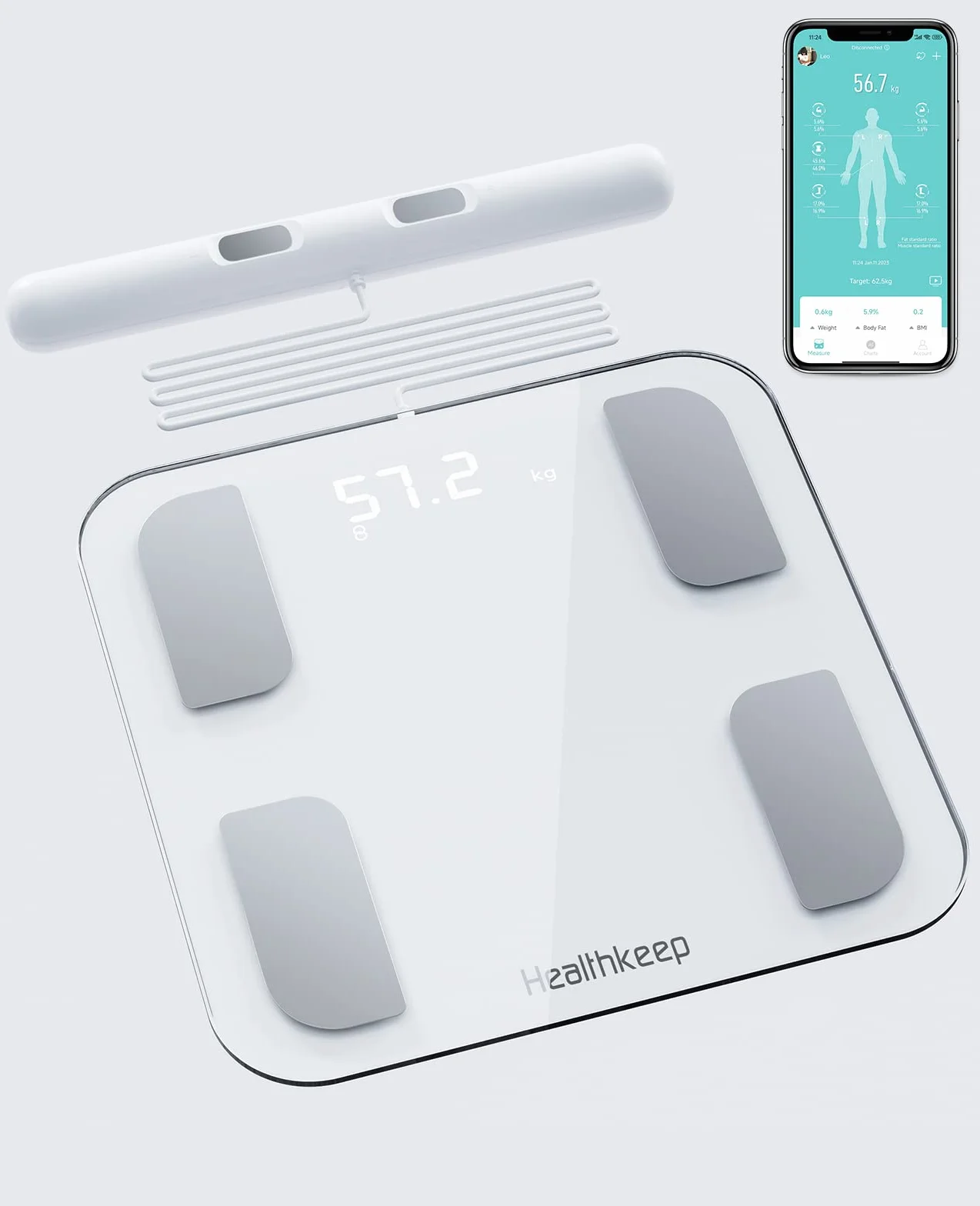 Inteligentna waga łazienka z 8 elektrodami, Bioimpedancja precyzyjna cyfrowa łazienka, 18 niezbędnych pomiarów, dla Andriod i iOS