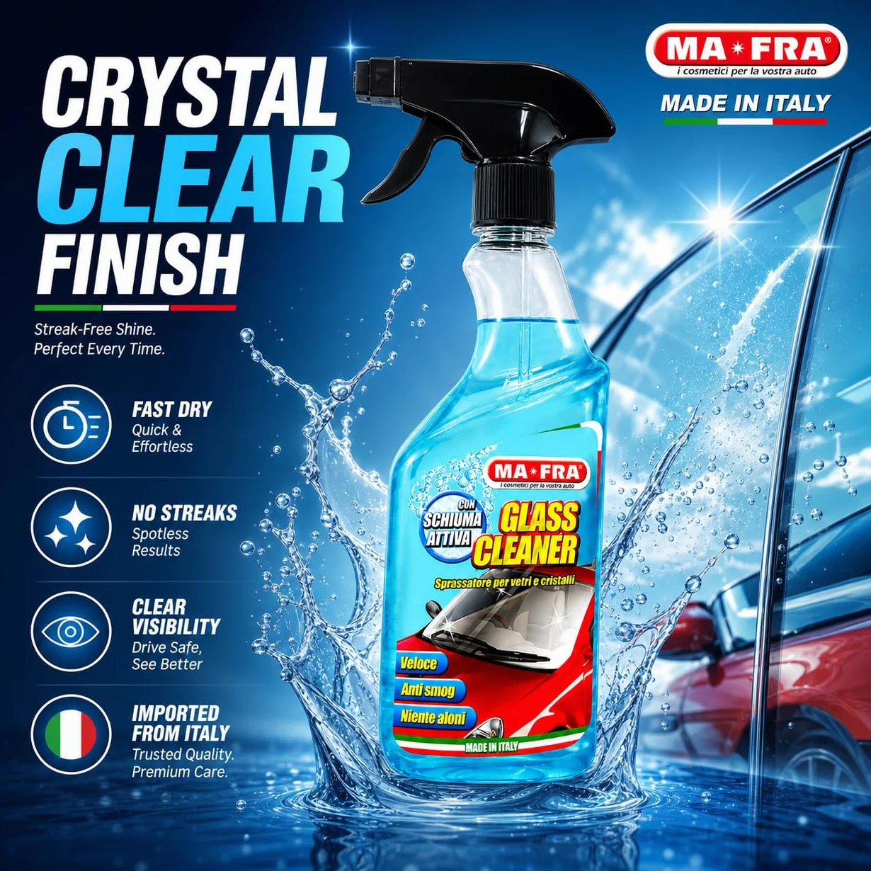 MA-FRA Glass Cleaner Trigger 500 ml — Profesjonalny środek do czyszczenia szyb samochodowych, szybkie czyszczenie bez aureoli, maksymalna przezroczystość kryształów, szyb przednich i lusterek