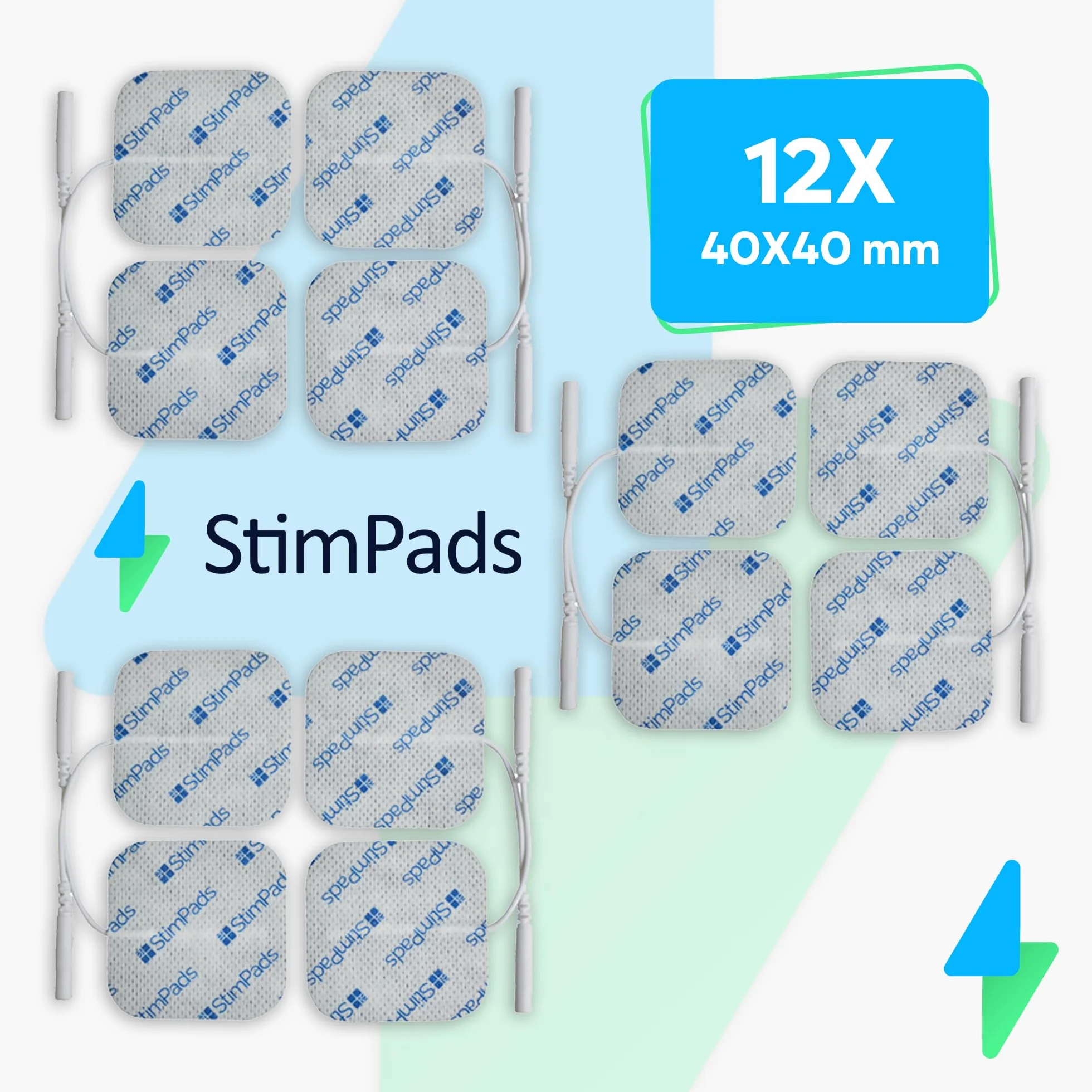 Elektrody StimPads • 12 sztuk 40X40mm ze złączem pinowym 2 mm • Doskonała przyczepność i przewodność • Elektrody klejące TENS i EMS wielokrotnego użytku i długotrwałe • Certyfikowane urządzenie