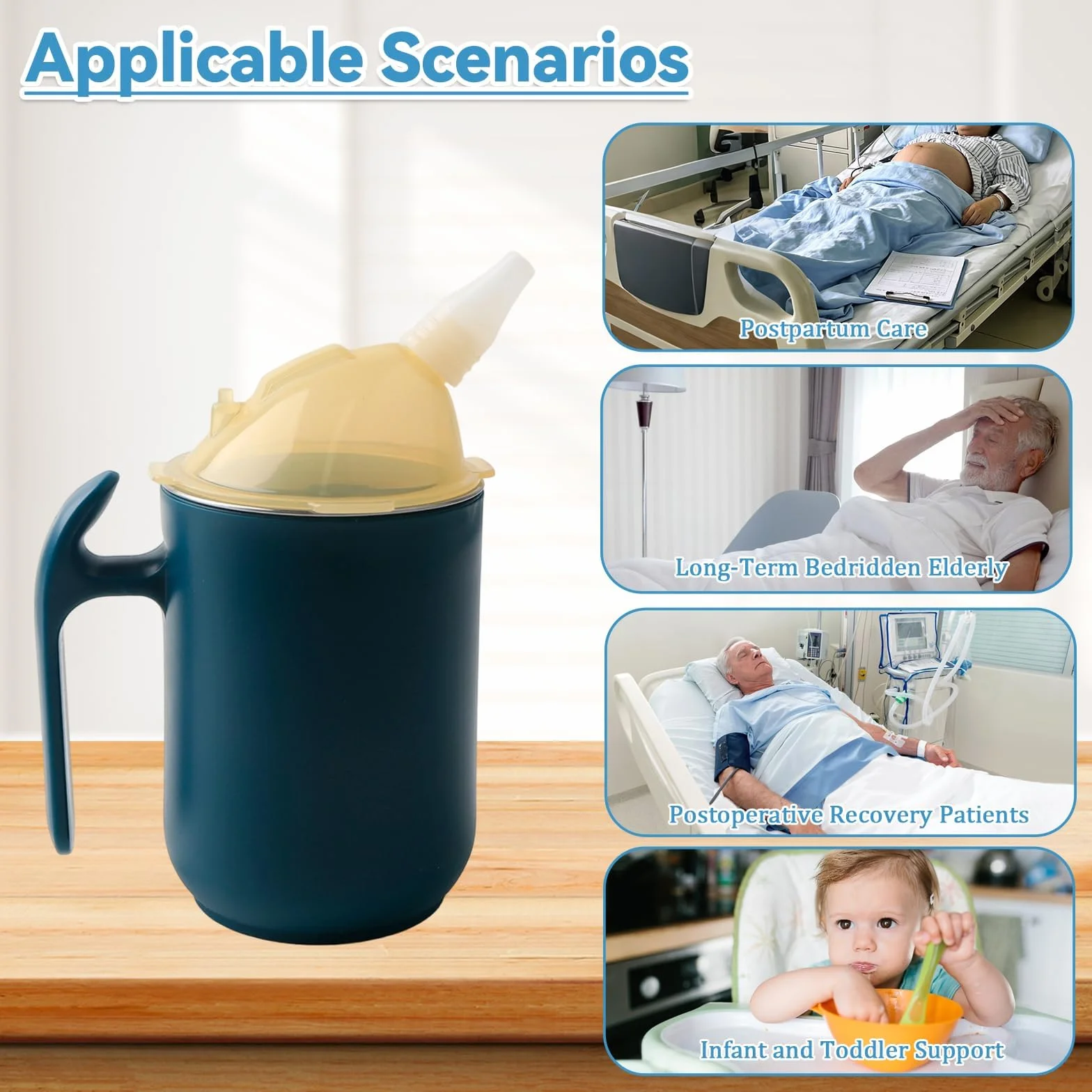 Filiżanka z dziobem 3 w 1, dla seniorów, 400 ml, stal nierdzewna, szczelny kubek z uchwytem, dla seniorów, pacjentów, niepełnosprawnych, macierzyństwa (niebieski)