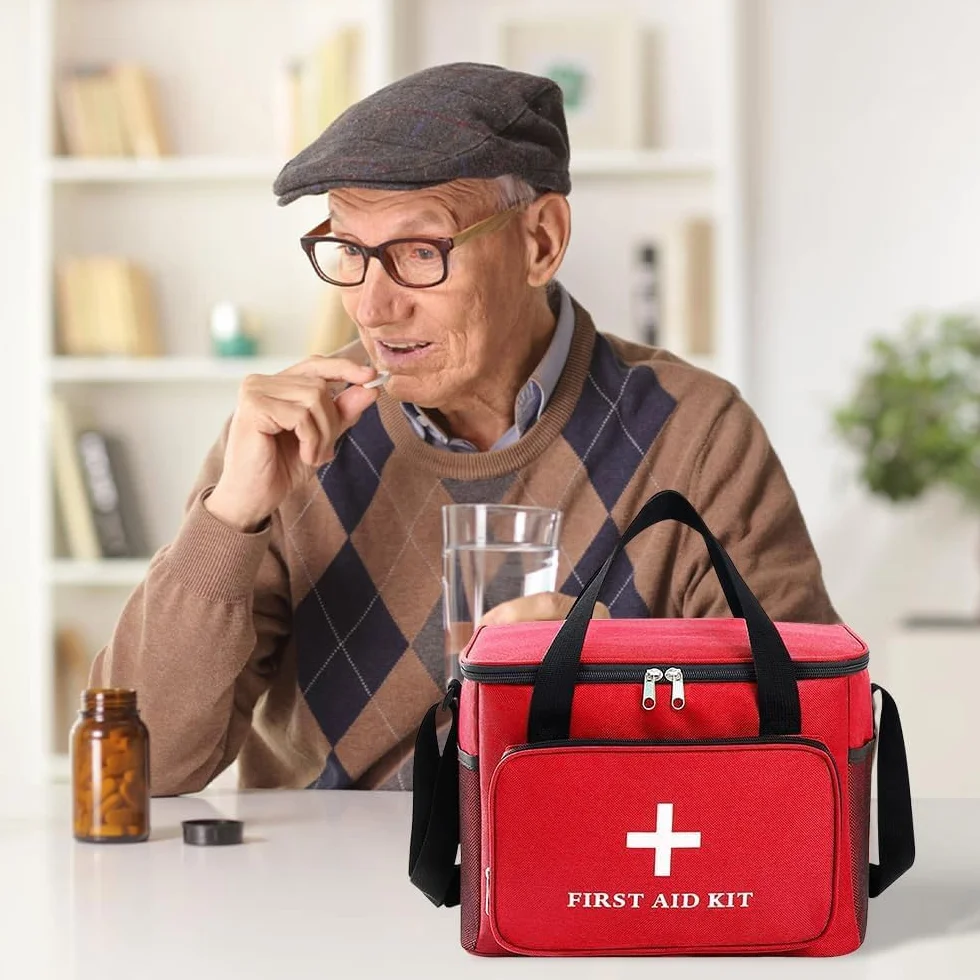 Torba pierwszej pomocy, pusta torba medyczna, 14 l, podróżna apteczka pierwszej pomocy z uchwytem/paskiem na ramię, wodoodporna, do podróży, łatwo dostępna (czerwona)