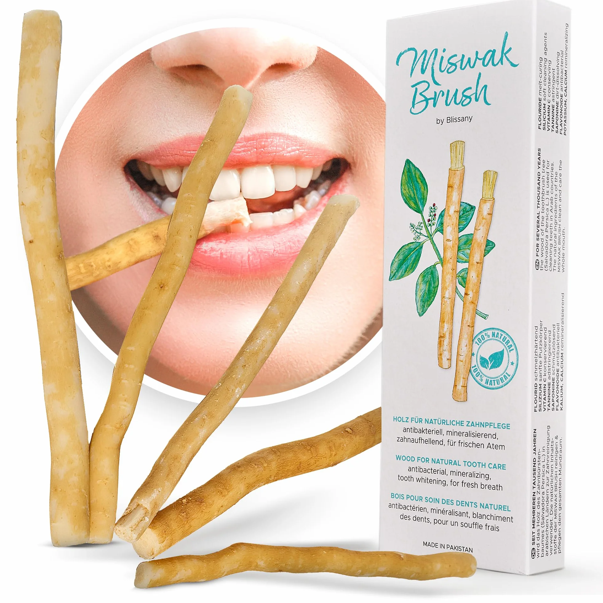 Miswak Szczoteczka do zębów firmy Blissany - Siwak SWAK, tradycyjna arabska szczoteczka do zębów, drewniana szczoteczka do zębów, do naturalnych białych zębów, 5 szt