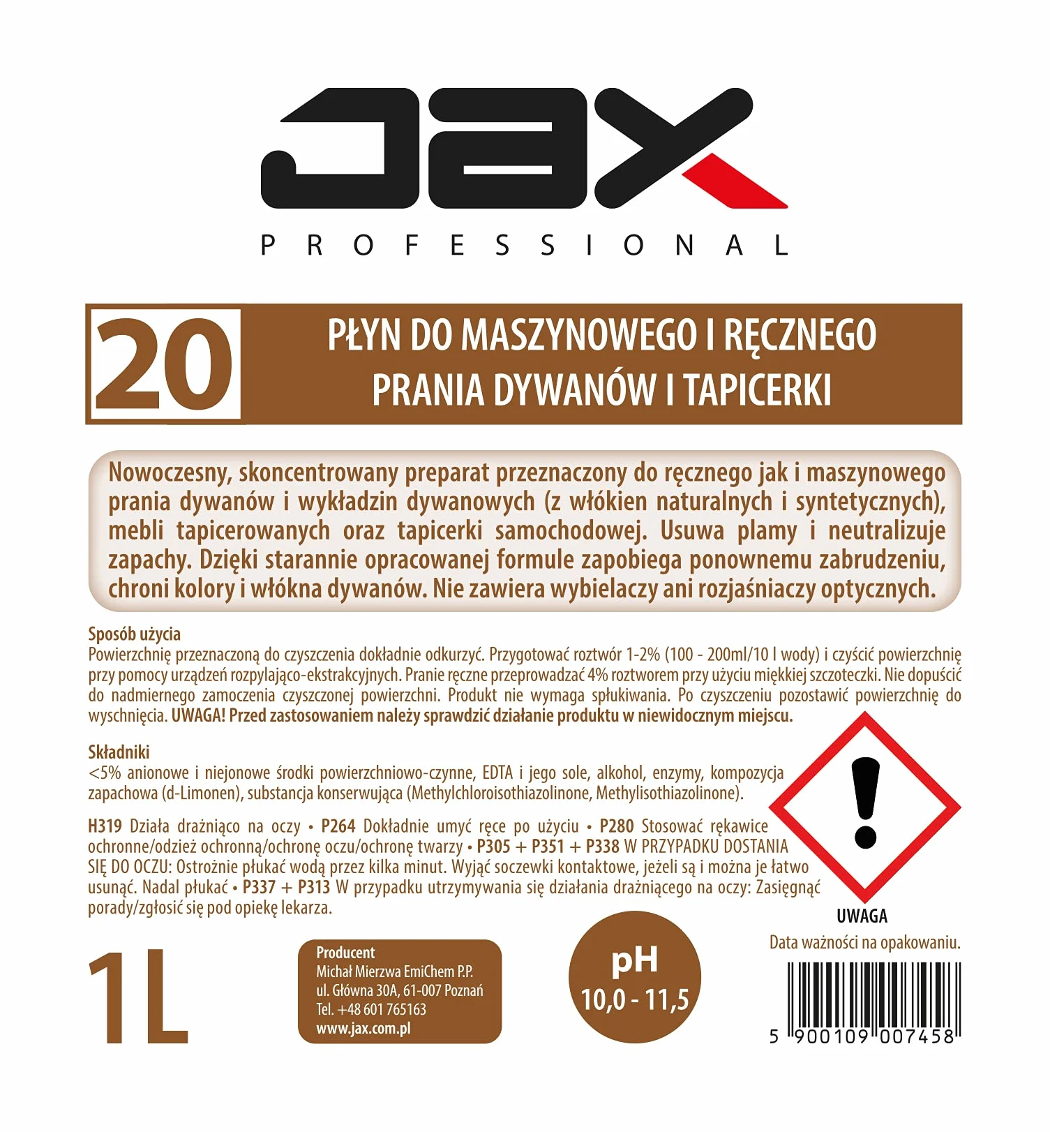 20 1L - PŁYN DO MASZYNOWEGO I RĘCZNEGO PRANIA DYWANÓW I TAPICERKI
