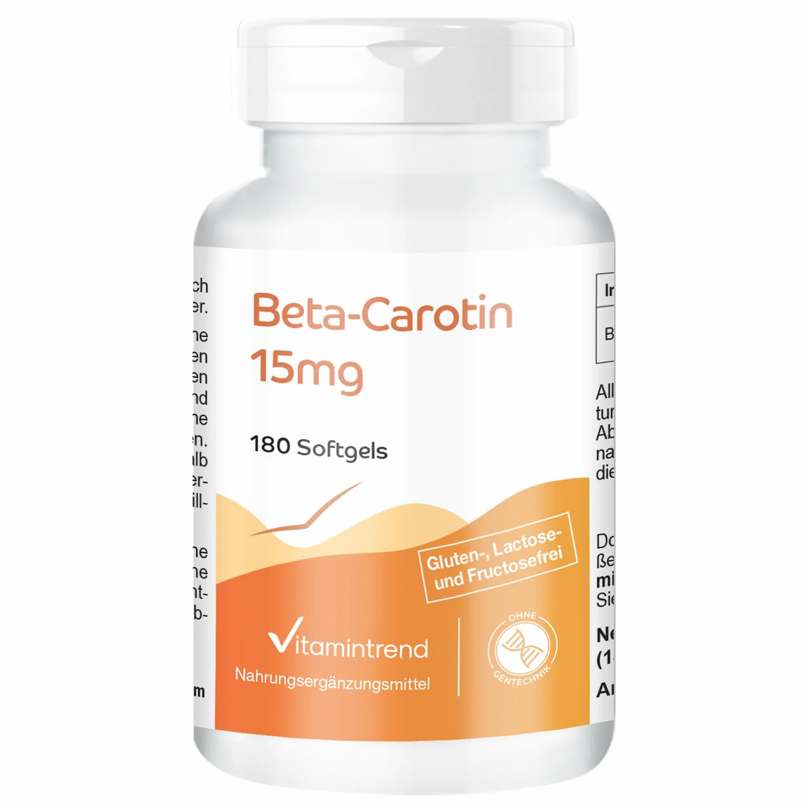 Vitamintrend Beta-karoten 15mg, 180 kapsułek po 15mg (odpowiada 25 000 j.m.), wysoka dawka, bez stearynianu magnezu, wyprodukowane w Niemczech.