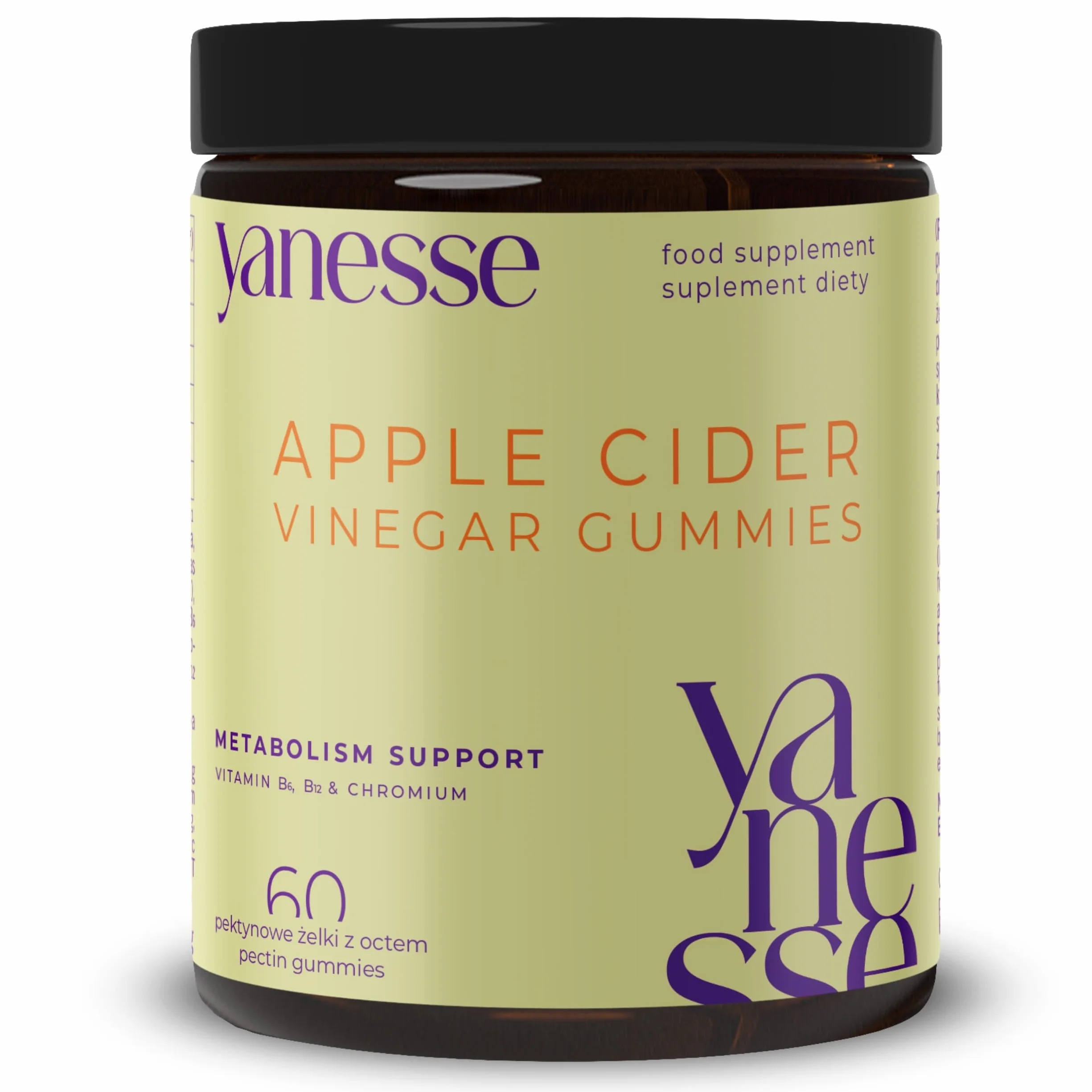 Yanesse Żelki z octem jabłkowym na odchudzanie i metabolizm – 60 wegańskich żelków Apple Cider Vinegar bez cukru – z chromem, witaminą B12 i B6 na trawienie, energię i napady głodu – zapas miesiąc