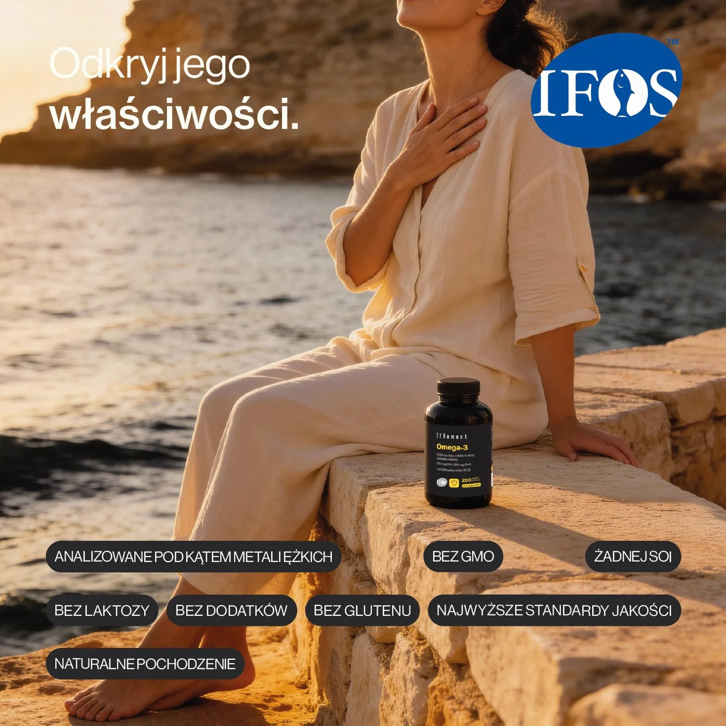 Omega 3 IFOS – 2000 mg (EPA 700 mg + DHA 500 mg) na dzienną porcję (2 softgels) – Utrzymuje prawidłowy poziom triglicerydów – Z naturalną witaminą E o działaniu antyoksydacyjnym – Zenement