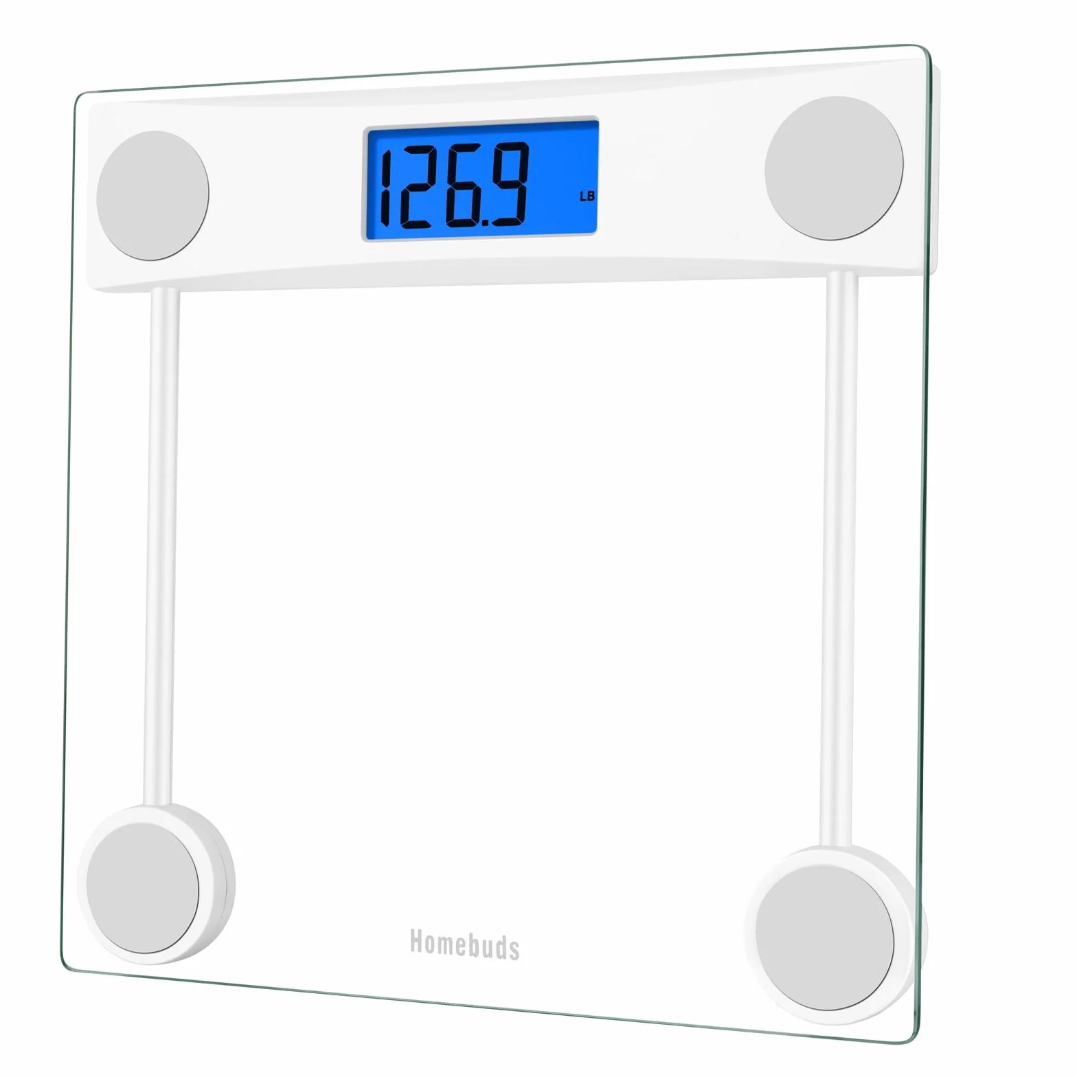Homebuds Waga łazienkowa do pomiaru masy ciała, wysoka precyzja zapewniana przez profesjonalną fabrykę wag od 2001 r., LCD i funkcja Step-On, 2*AAA w zestawie, 180 kg, Przezroczyste Szkło