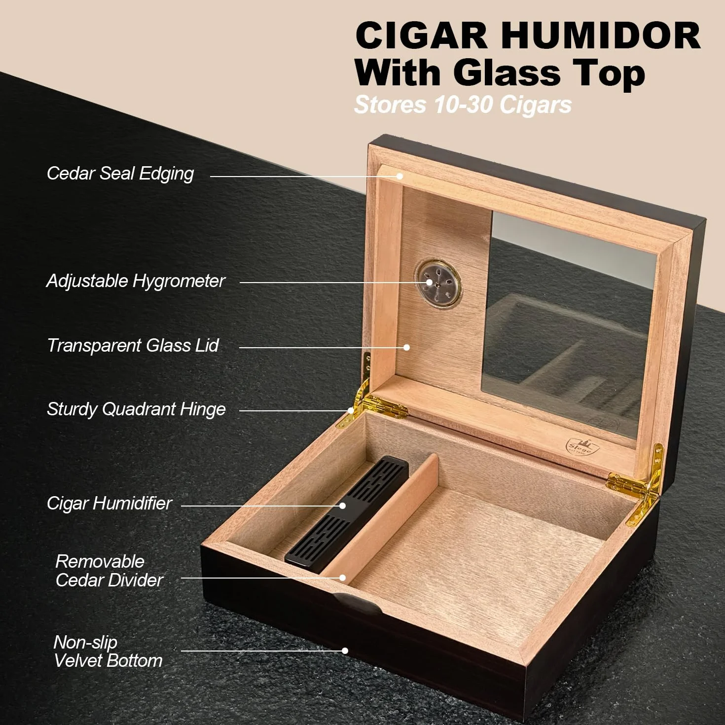 Slege Humidor cygara szklany górny nawilżacz hiszpańskie cedrowe cygara pojedyncza warstwa higrometr akcesoria
