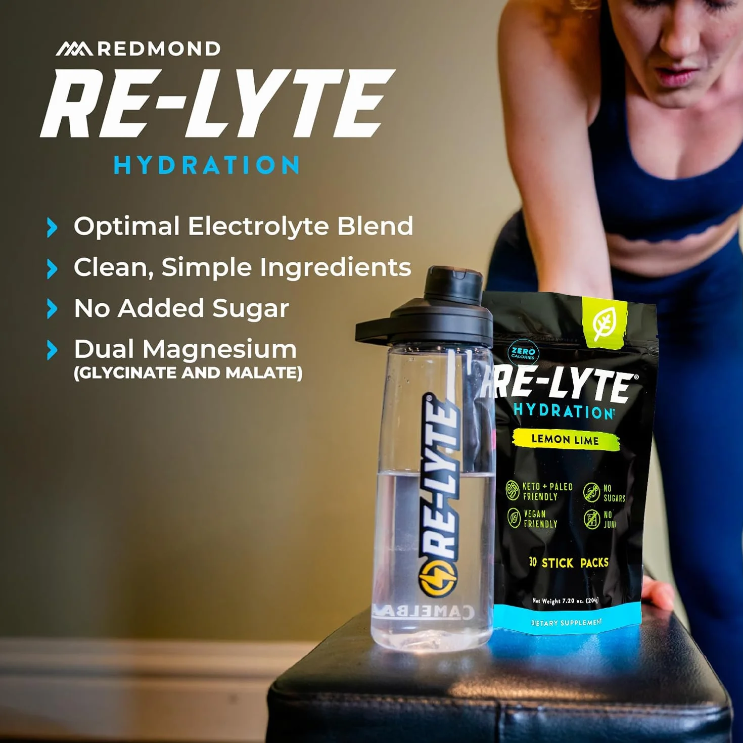 REDMOND Re-Lyte ELECTROLYTE Drink Mix LEMON LIME 30 saszetek 6,3 g - elektrolityczny proszek bez cukru, z solą Redmond Real Salt i ponad 60 ważnych minerałów i pierwiastków śladowych