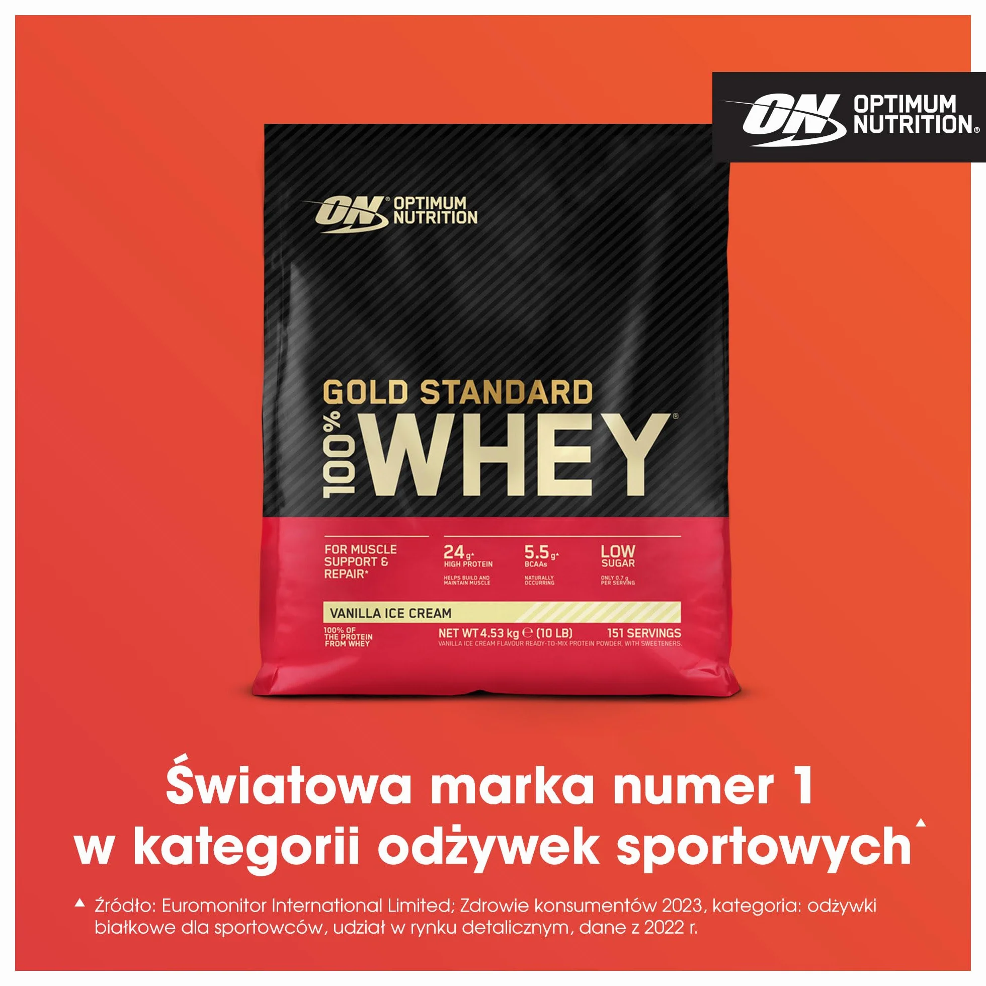 Optimum Nutrition Gold Standard 100% Whey, Koncentrat Białka Serwatkowego, Smak Lody Waniliowe, 4,53 kg