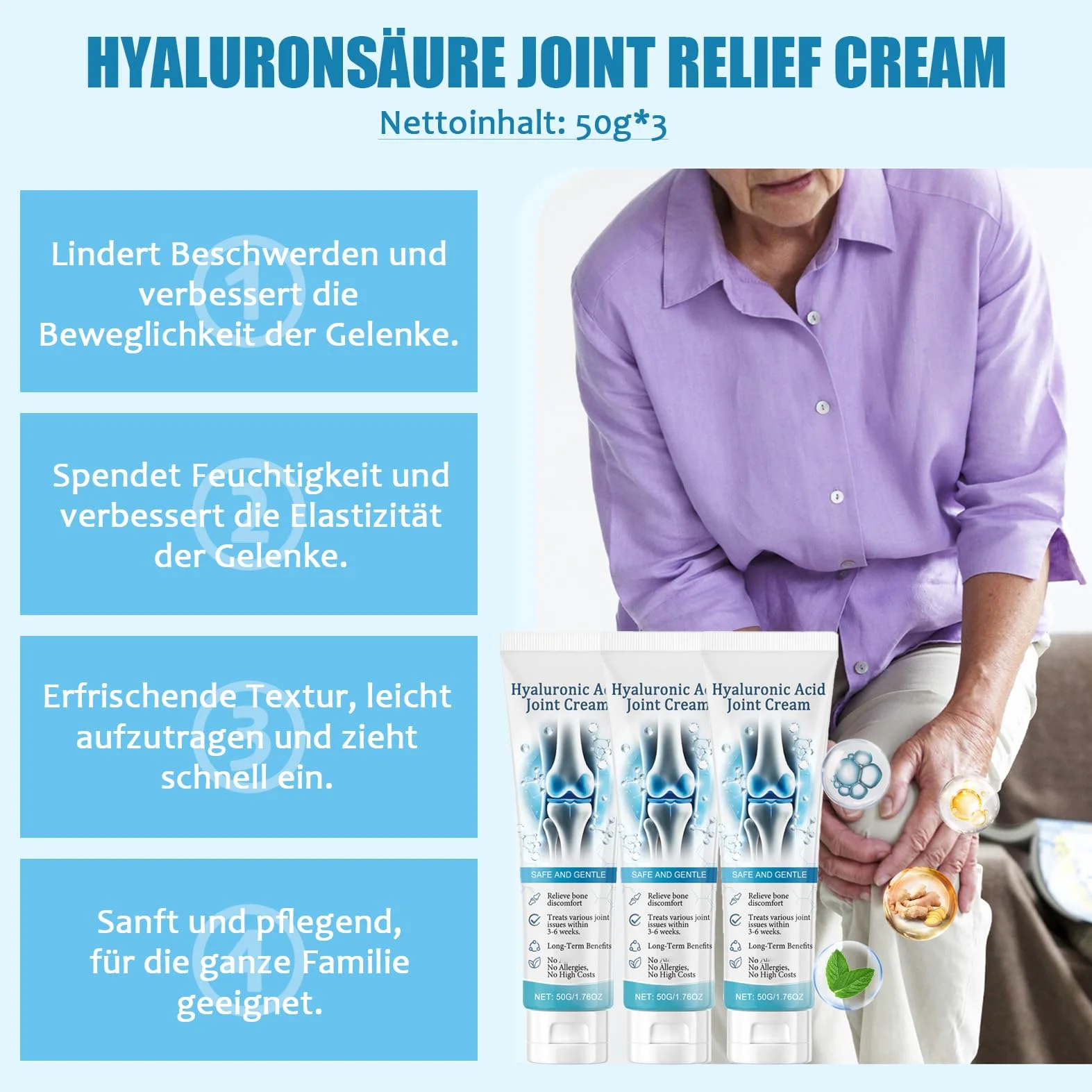 Kwas hialuronowy Joint Cream – 3 sztuki żelu z kwasem hialuronowym – krem do pielęgnacji stawów z kurkumą – krem łagodzący plecy, kark, dłonie, kolana – krem do naprawy stawów – głęboki odżywiający