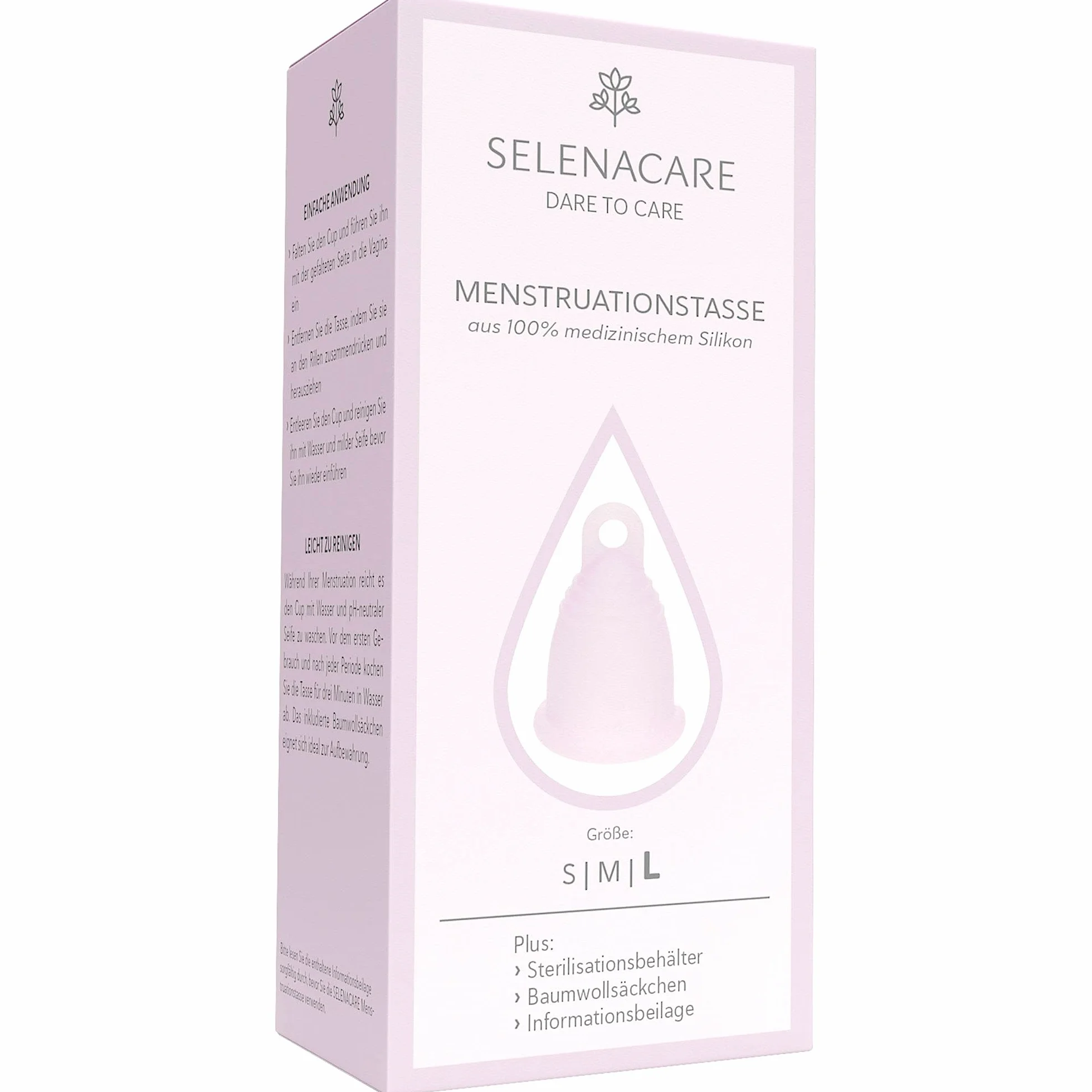 Selenacare Filiżanka menstruacyjna Premium L różowa z pojemnikiem i woreczkiem bawełnianym