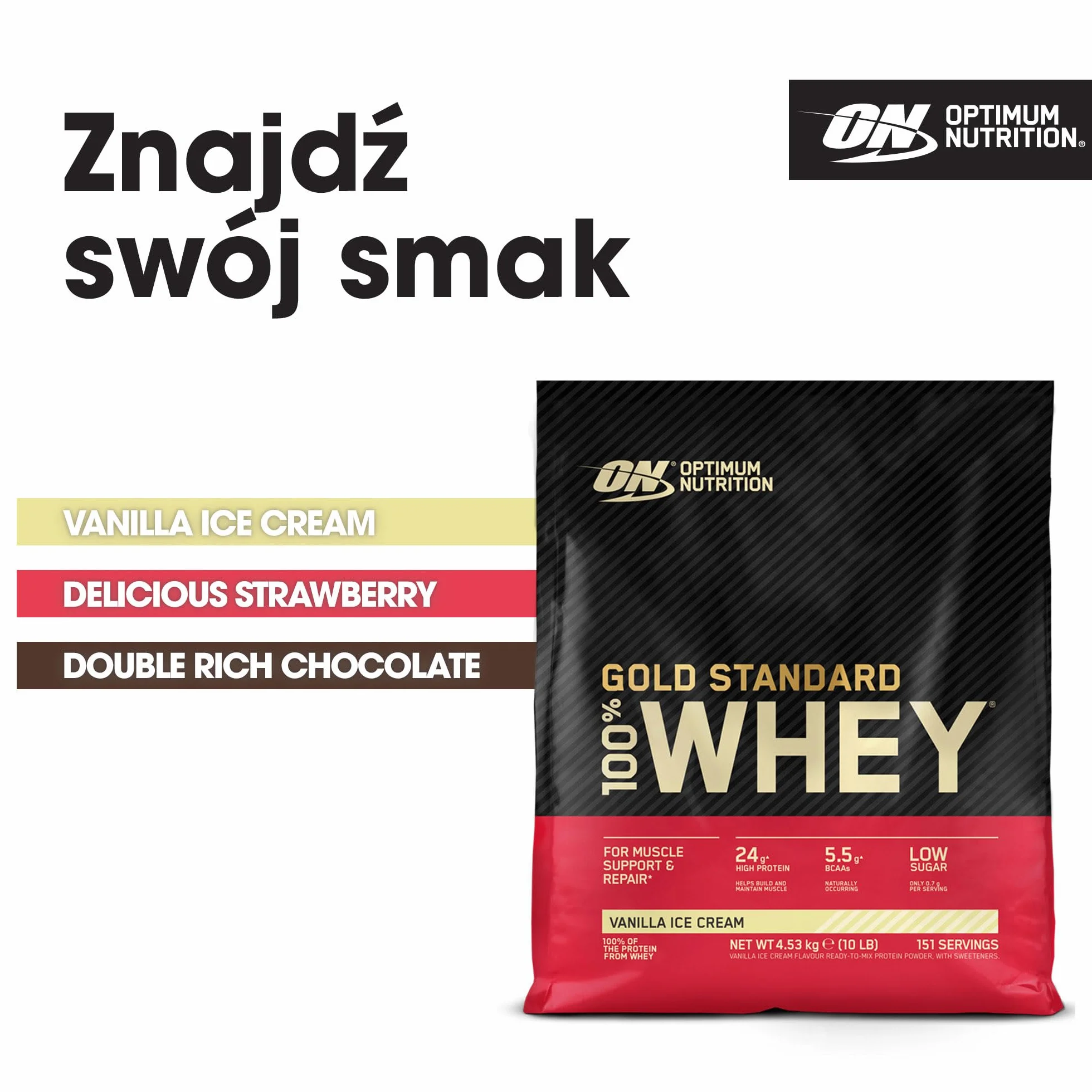 Optimum Nutrition Gold Standard 100% Whey, Koncentrat Białka Serwatkowego, Smak Lody Waniliowe, 4,53 kg