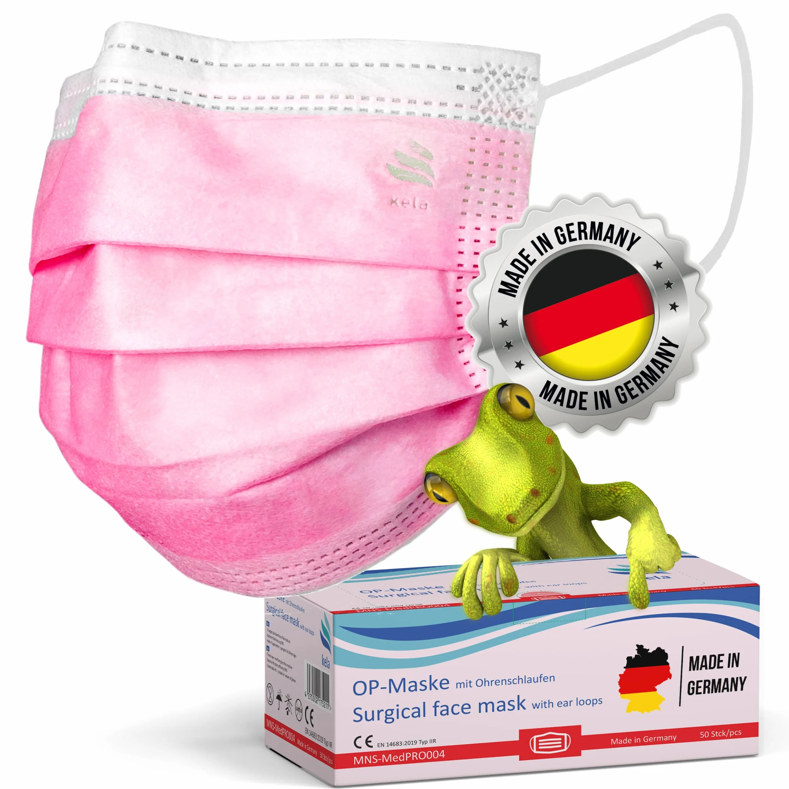 kela®, Maska medyczna, różowa, Made in Germany, maska medyczna do ochrony ust i nosa, jednorazowa maska chirurgiczna, certyfikat CE, DIN EN 14683 typ IIR, BFE > 99,88%, 3-warstwowa