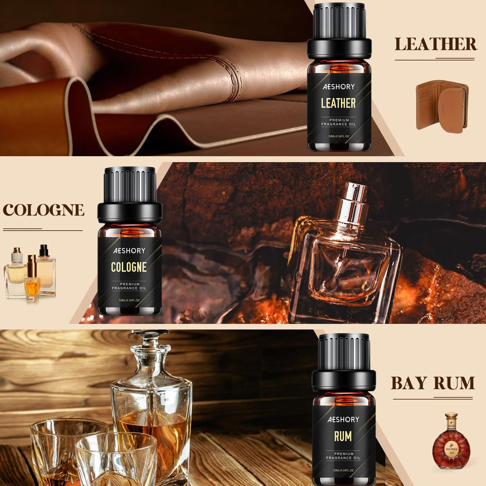 Aeshory 6x10ml Olejki Eteryczne Dla Mężczyzn, Zestaw Naturalnych Olejków Zapachowych Do Dyfuzora, Do Wyrobu Świec – Drzewo Sandałowe, Cedr, Skóra, Słodki Tytoń, Rum Laurowy, Woda Kolońska