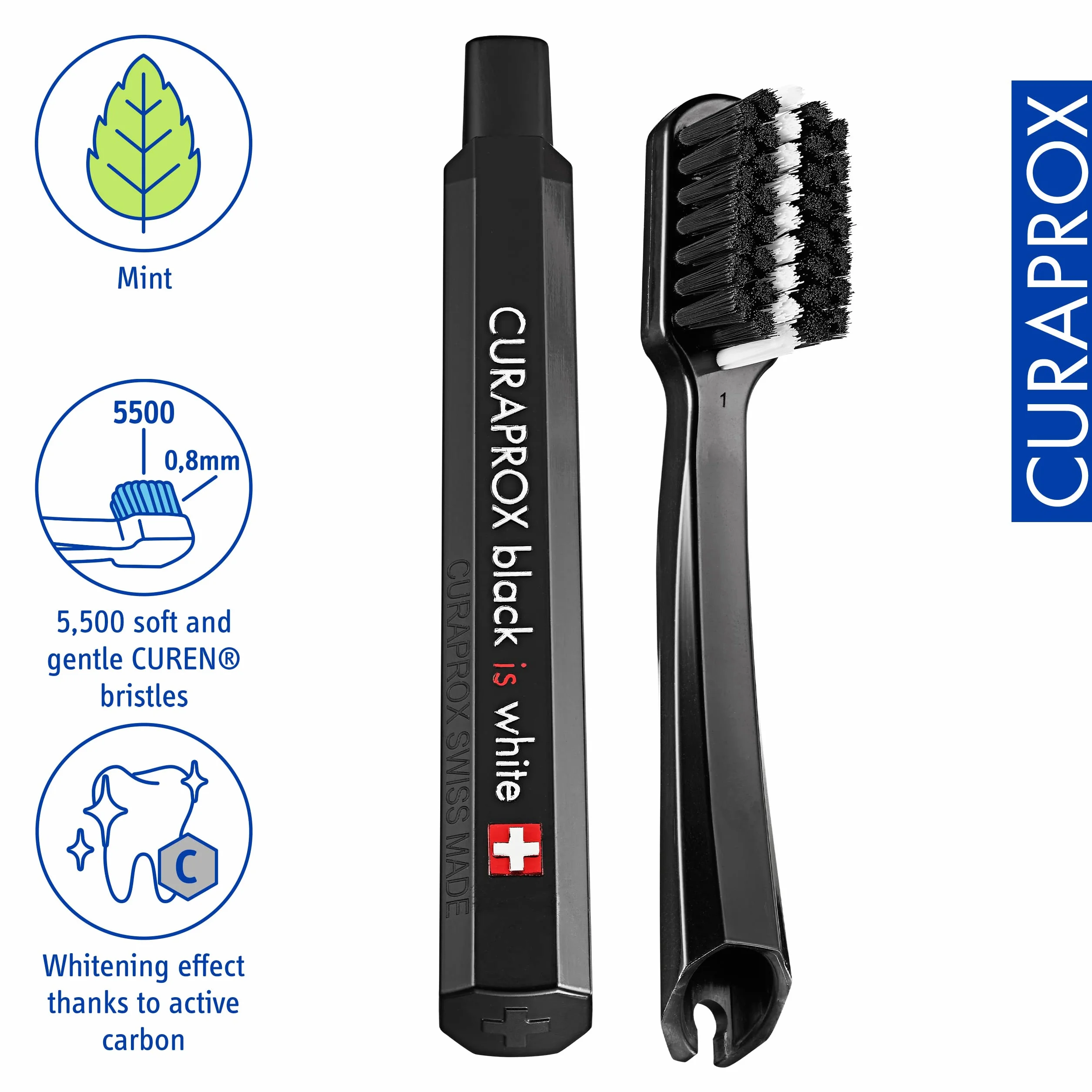 Curaprox travel toothbrush set – do wybielania zębów w podróży/Black is white edition/zawiera pastę do zębów, szczoteczkę do zębów i szczoteczki międzyzębowe/Made in Switzerland