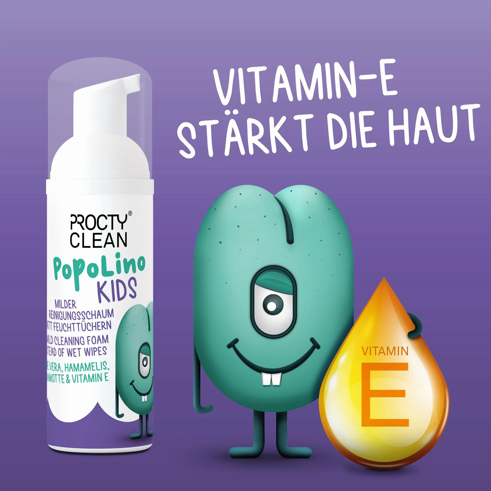 ProctyClean PopoLino Kids łagodna pianka czyszcząca zamiast nawilżanych chusteczek. Sprawia, że pośladki i środowisko są przyjazne dla środowiska. Aloesem, oczarem wirginijskim, agamotką i witaminą E