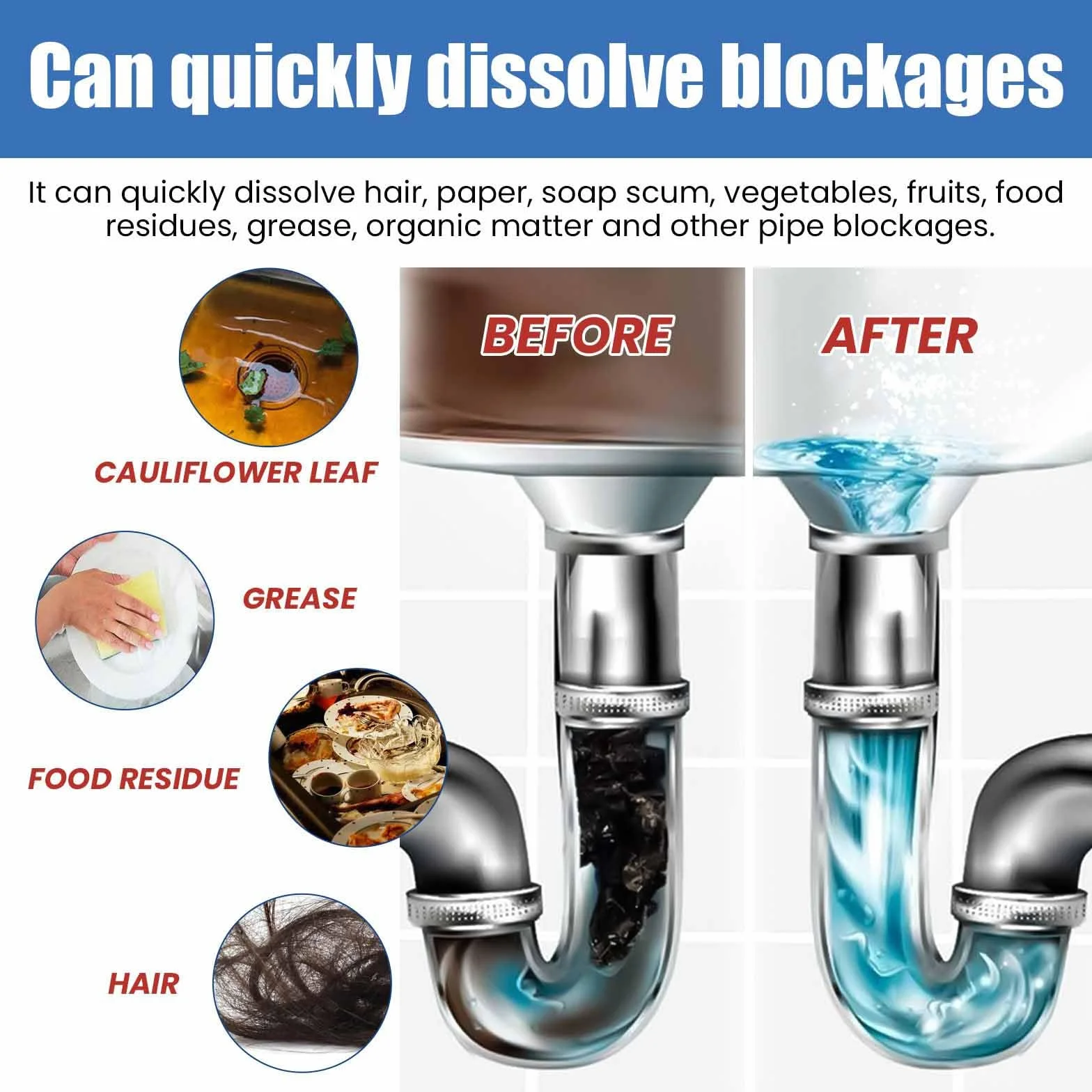 Crystal Lye Drain Opener,Multifunction Powerful Pipe Dredging Agent,260g Crystal Lye Drain Opener Powder,for Unclog Drains,Bathroom Sinks, Kitchen Sinks,Shower Pipes (1)