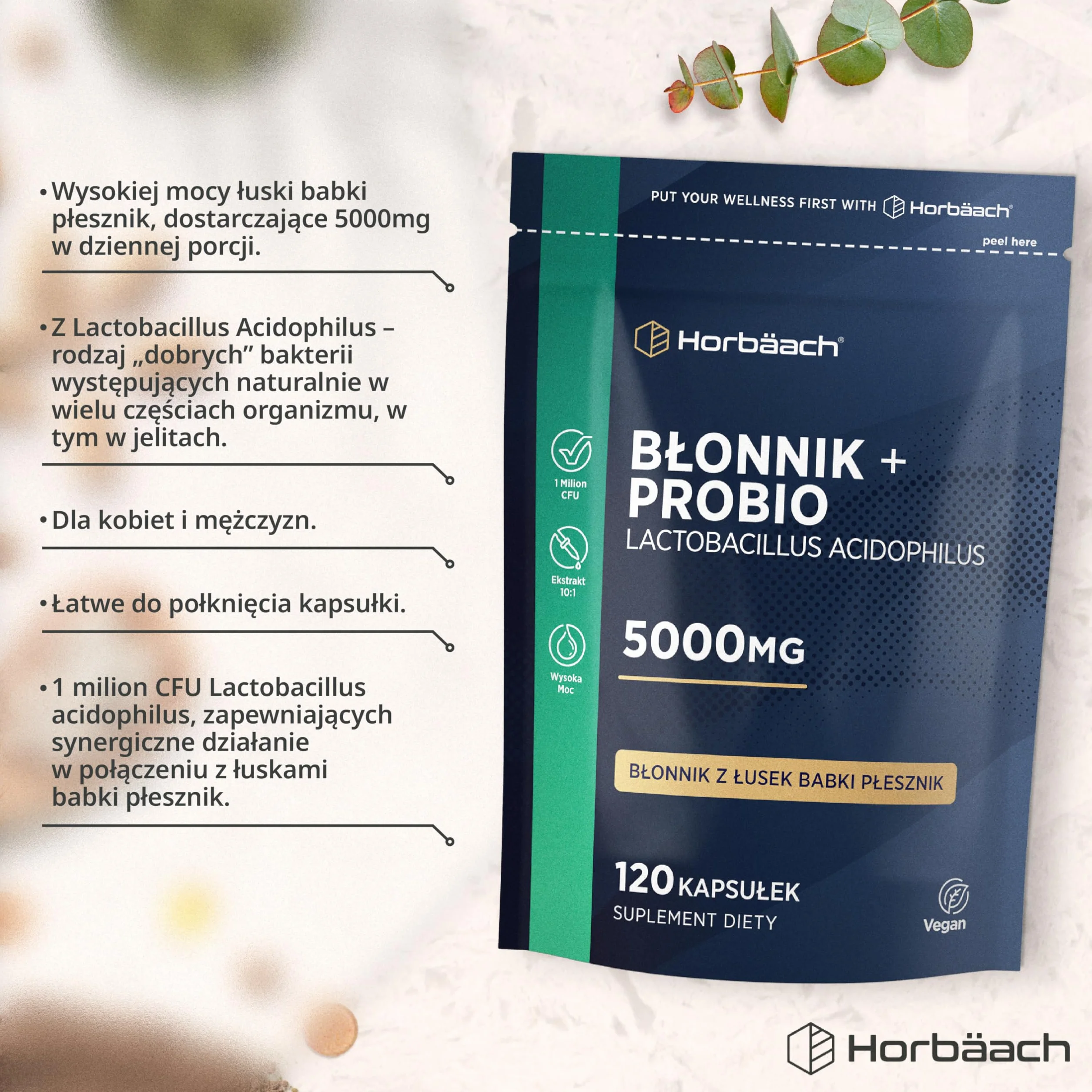 Błonnik z ProBio Kapsułki 5000mg | Wysokiej Mocy Z Łusek Babki Płesznik | Naturalny Suplement z Rozpuszczalnym Błonnikiem i Probio Lactobacillus Acidophilus | 120 Kapsułek Wegańskich | marki Horbaach