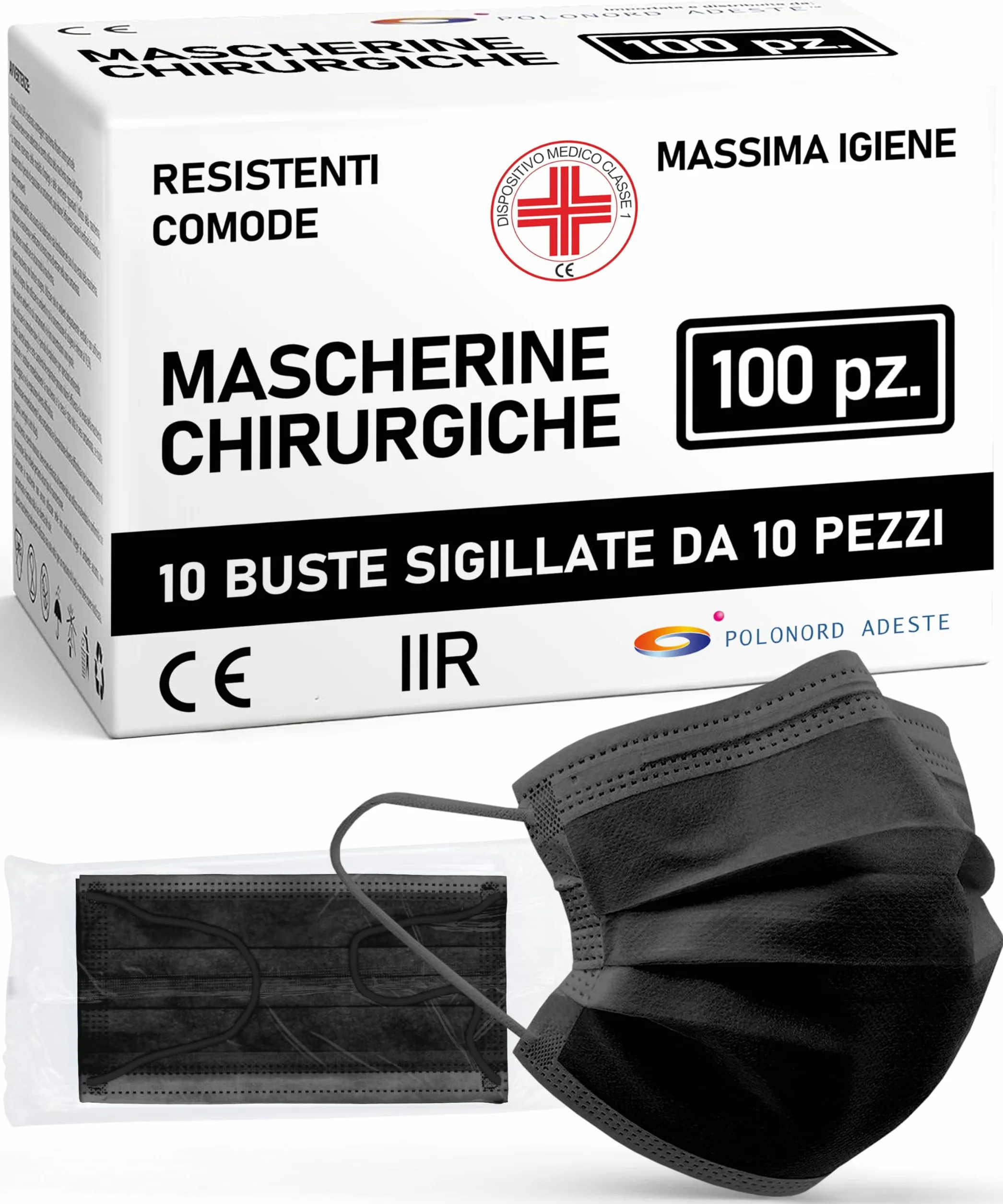 ADESTE Maseczki chirurgiczne IIR 100 sztuk 3-warstwowe CE BFE>98%
