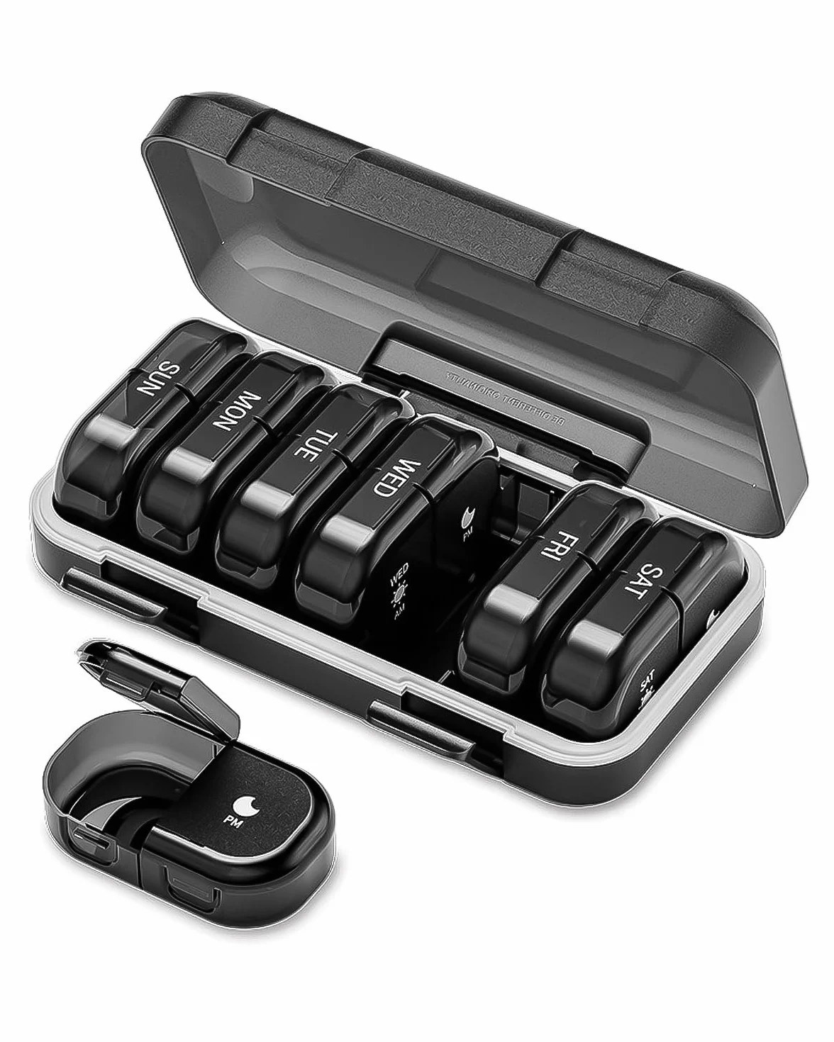 ONTERATE Tygodniowy Organizer na Tabletki 2 Razy Dziennie, AM PM Pudełko na Tabletki 7 Dni, Przenośne, Odporne na Wilgoć Etui na Tabletki 14 Przegródek, Podróżny Pojemnik na Tabletki (Czarny)