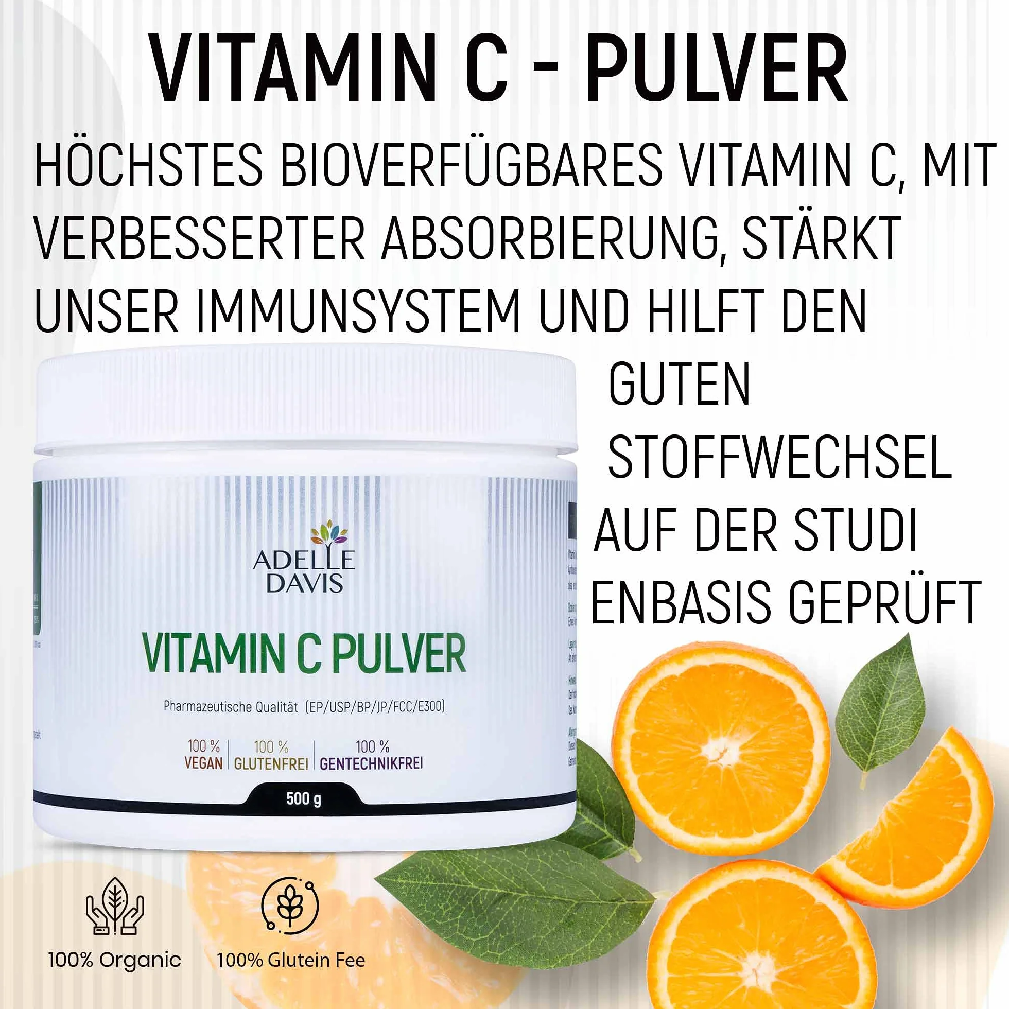 Proszek z witaminą C 500 g – czysty kwas askorbinowy z fermentacji kukurydzy wolnej od inżynierii genetycznej – jakość farmaceutyczna – 1 puszka 500 g Adelle Davis