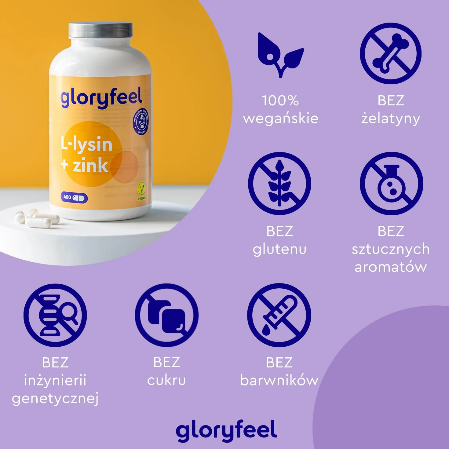 L-Lizyna - 400 wegańskich kapsułek - 1000 mg lizyny w wysokiej dawce dziennej - Niezbędny aminokwas z cynkiem dla układu odpornościowego oraz skóry, włosów i paznokci - Z fermentacji roślinnej