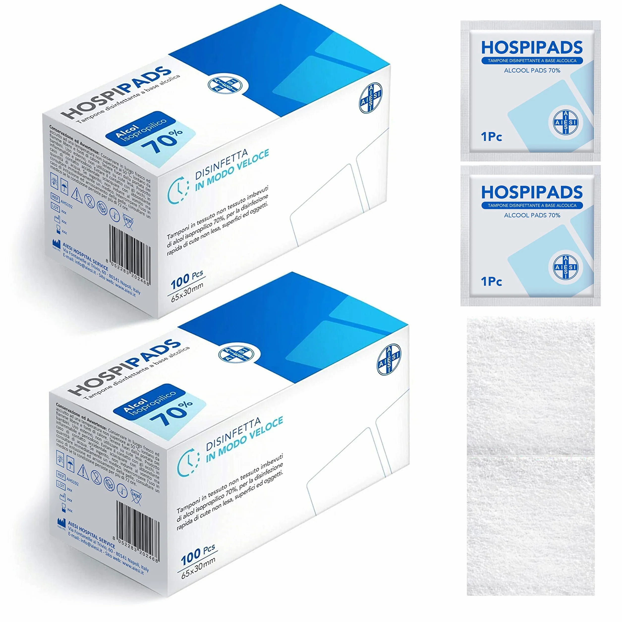 Chusteczki dezynfekcyjne 70% alkohol izopropylowy 65x30 mm 2x100 sztuk AIESI® HOSPIPADS