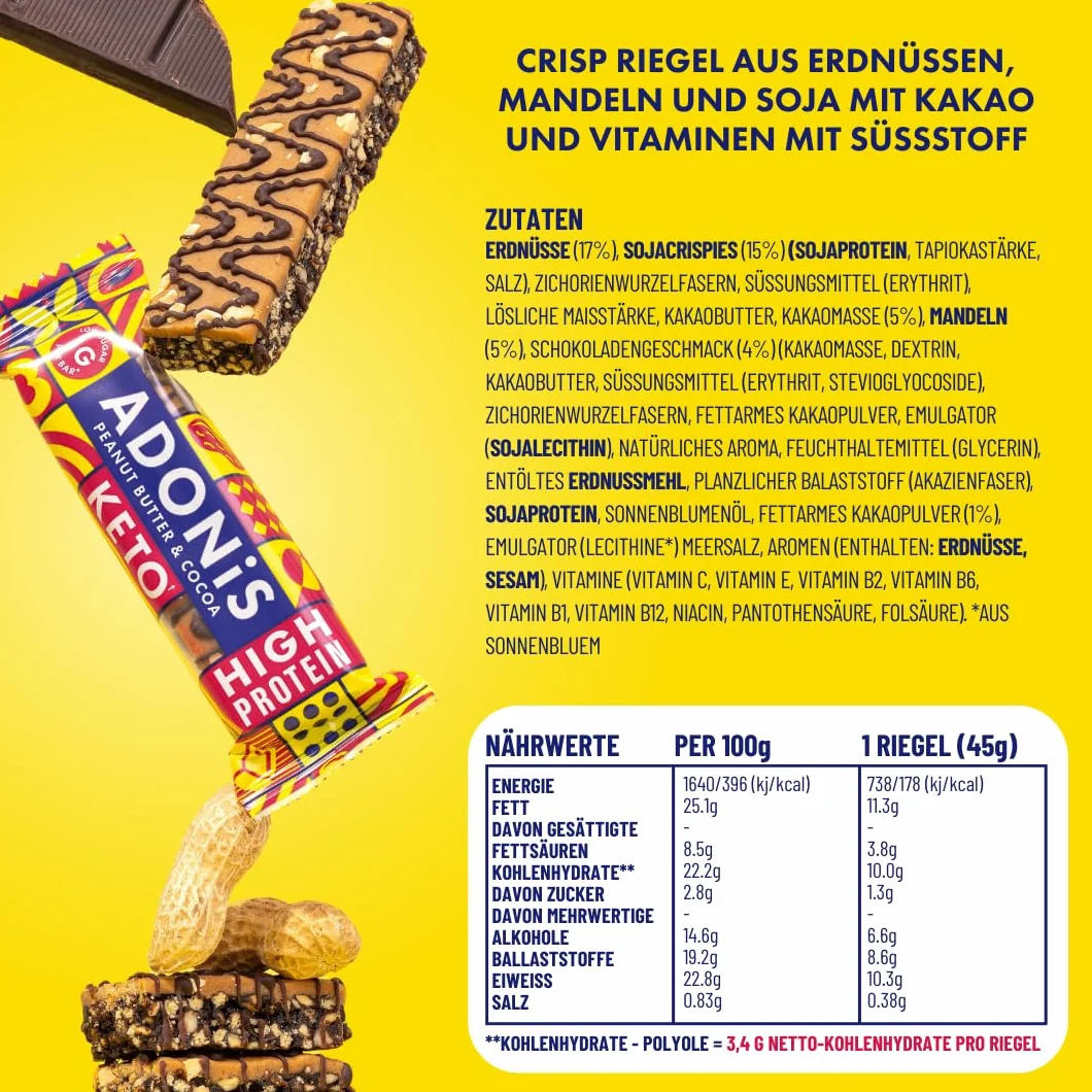 Adonis Keto Protein Bars Peanut Butter & Chocolate Low Carb High Protein Vegan Gluten Free Paleo Box 16