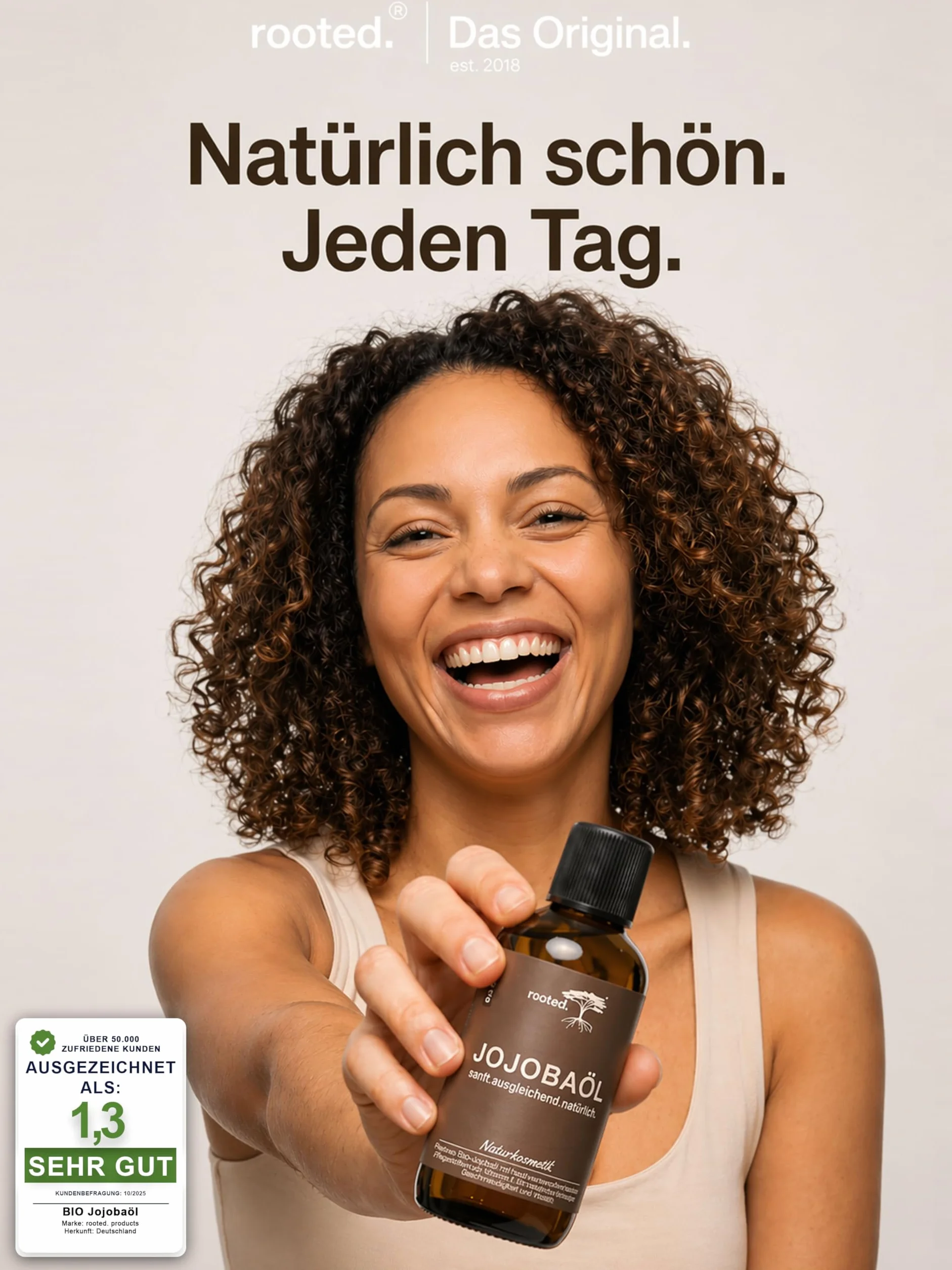 rooted.® Bio olejek jojoba 50 ml – 100% czysty, tłoczony na zimno olejek jojoba – olej nośny do olejków eterycznych – pielęgnacja skóry, twarzy, włosów, paznokci i brody – naturalny i bez dodatków