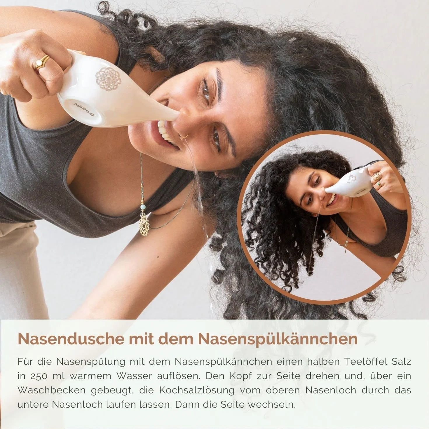 NETI POT dzbanek do mycia nosa, ceramiczny dzbanek Neti z mandalą (złoty), dzbanek do płukania nosa lub prysznica do nosa, garnek Nethi Pot, garnek Nethi