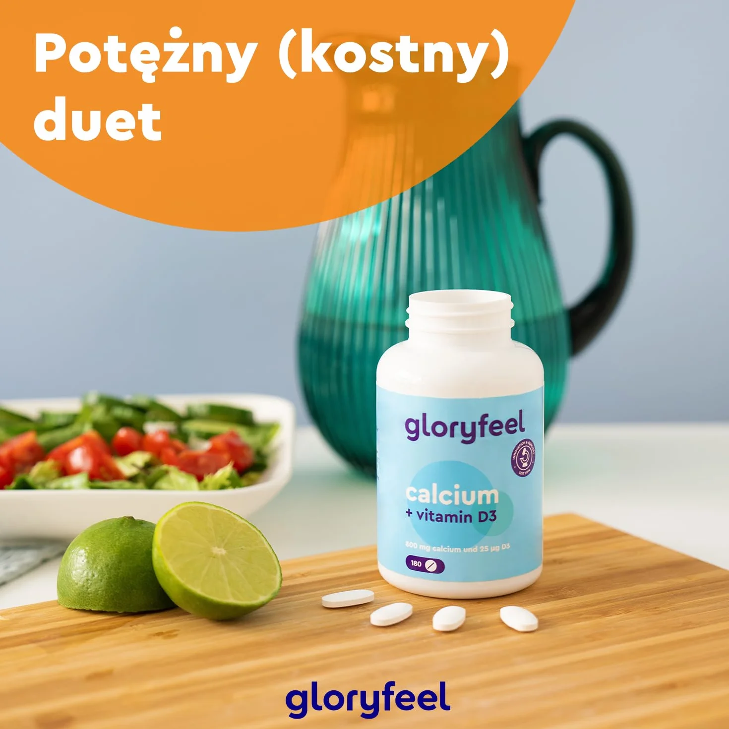 Wapń + witamina D3 - Wysoka dawka 800 mg węglanu wapnia + 1000 IU witaminy D3 na dawkę dzienną - 180 tabletek wegetariańskich (3 miesiące) - Testowane laboratoryjnie, bez dodatków