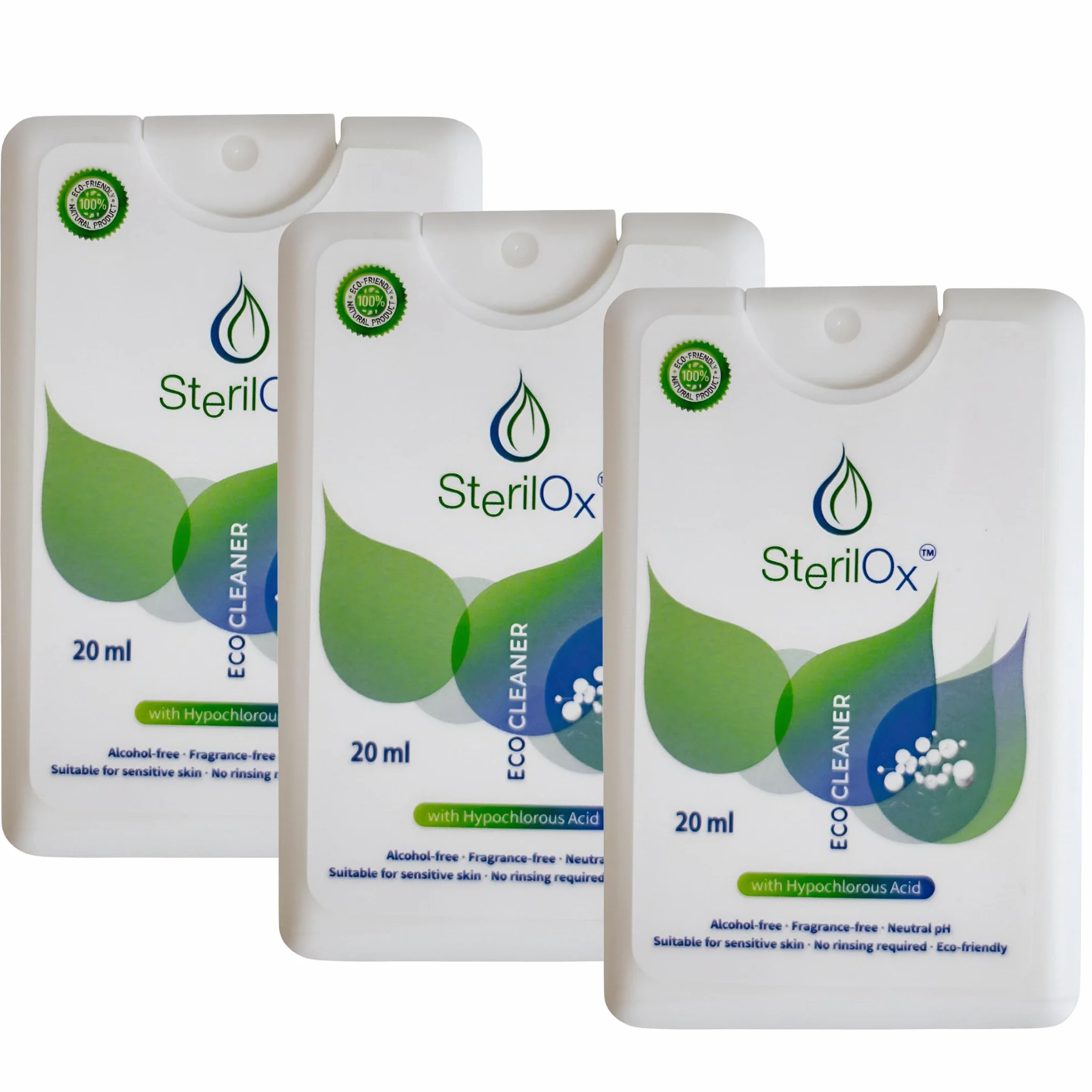 3 × 20 ml – higieniczny spray na bazie kwasu podchlorawego (HOCl), bezalkoholowy, do czyszczenia rąk i akcesoriów, mini zestaw do domu i podróży