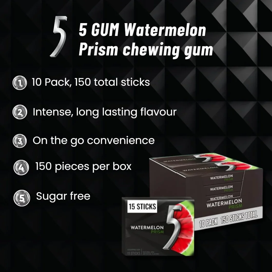 5 GUM Watermelon Prism Sugar Free Chewing Gum, 15 pieces (10 pack)