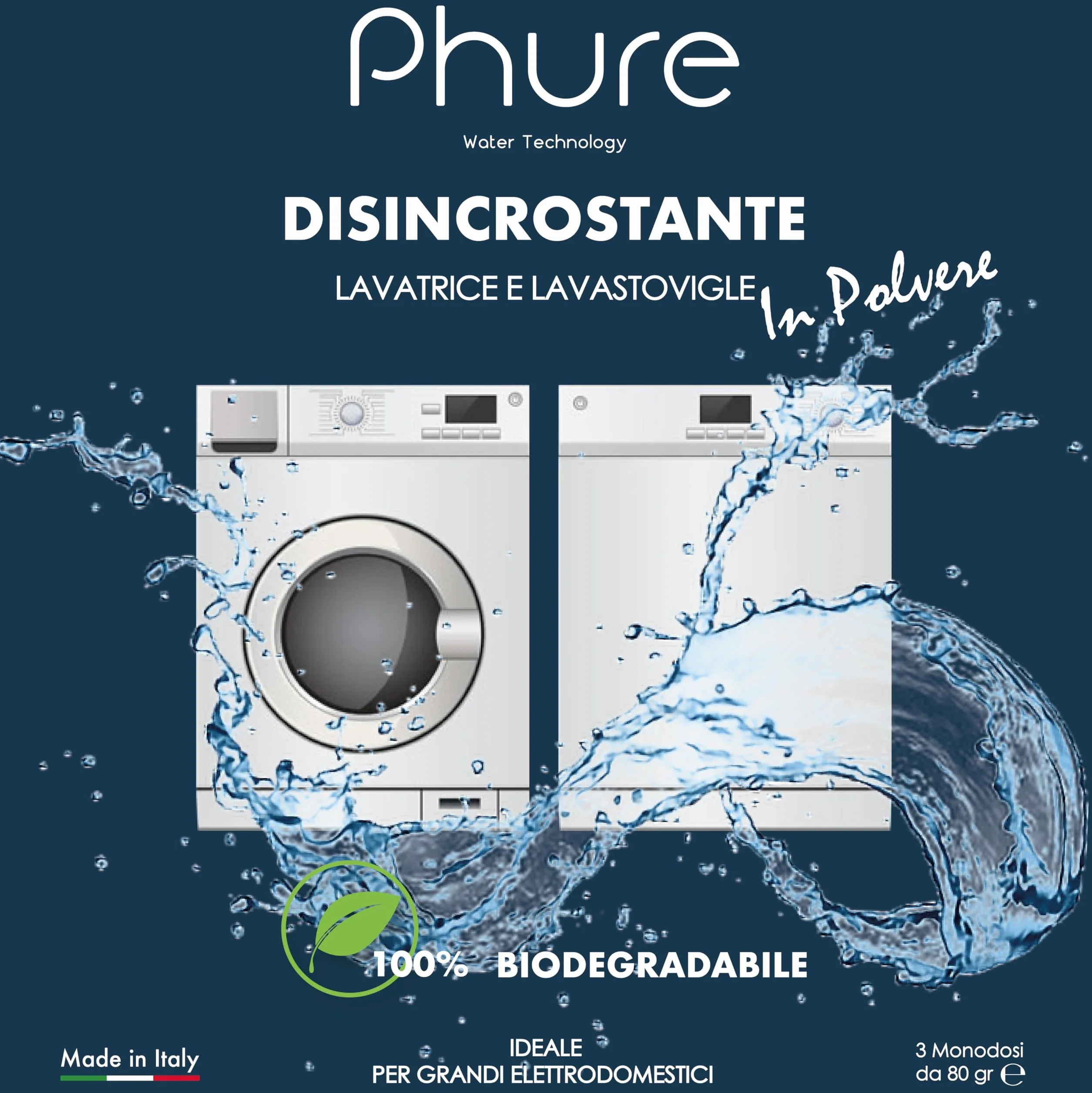 PHURE Odkamieniacz w proszku do prania w pralce, zmywarki i dużych urządzeń, kompatybilny ze wszystkimi markami, w 100% biodegradowalny, wyprodukowany we Włoszech