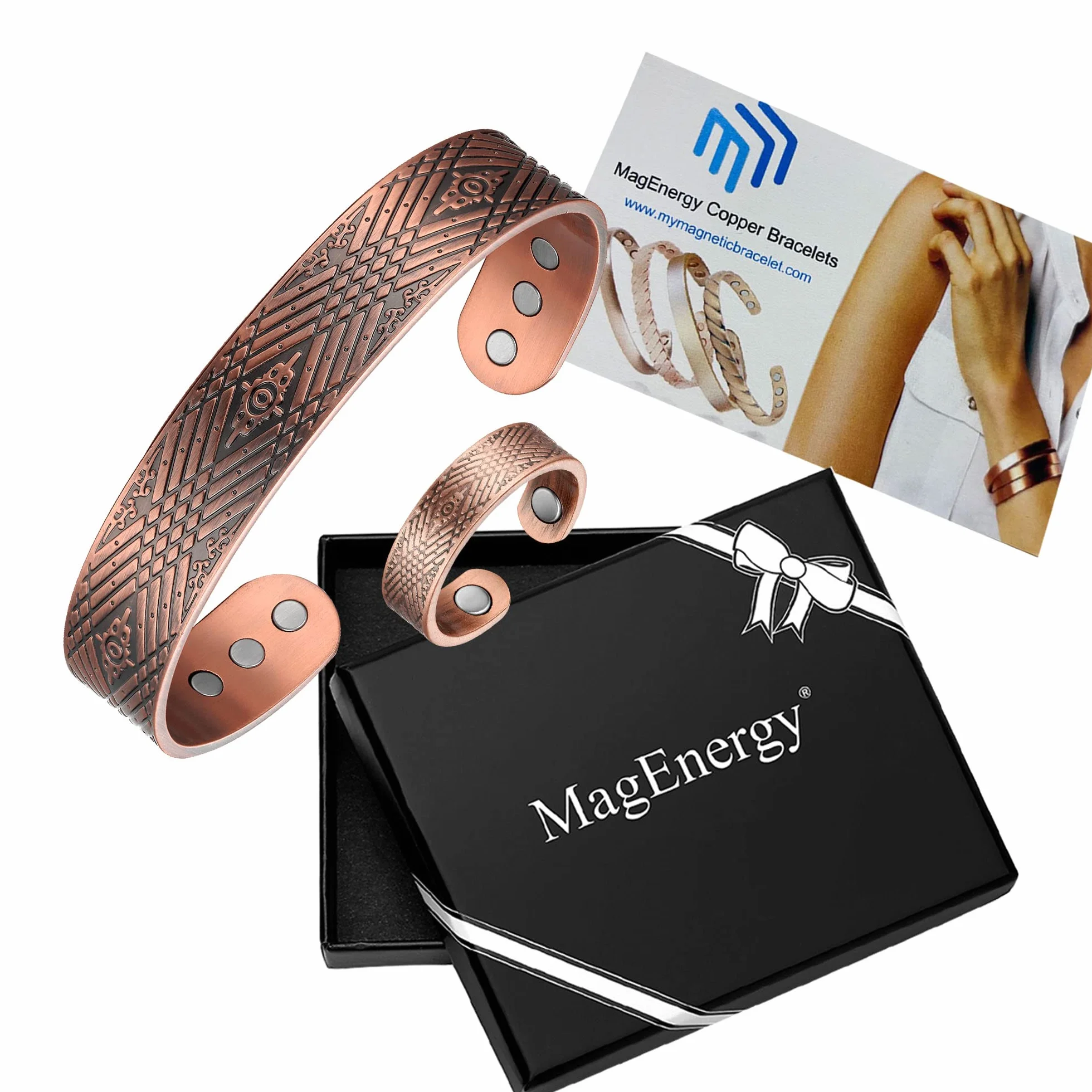 MagEnergy Bransoletka magnetyczna 99,9% czystej miedzi 6 magnesami mankietowa z pudełkiem na biżuterię