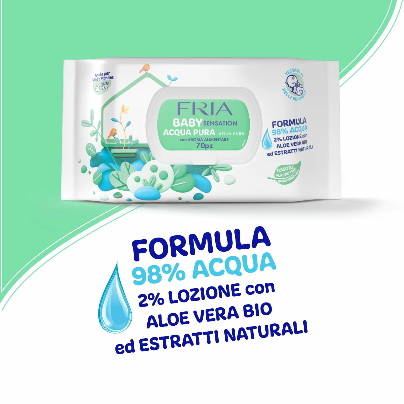 Fria Baby Sensation czysta woda Chusteczki do zmiany pieluch, formuła z 98% oczyszczoną wodą o działaniu oczyszczającym skórę, testowane dermatologicznie, 70 chusteczek